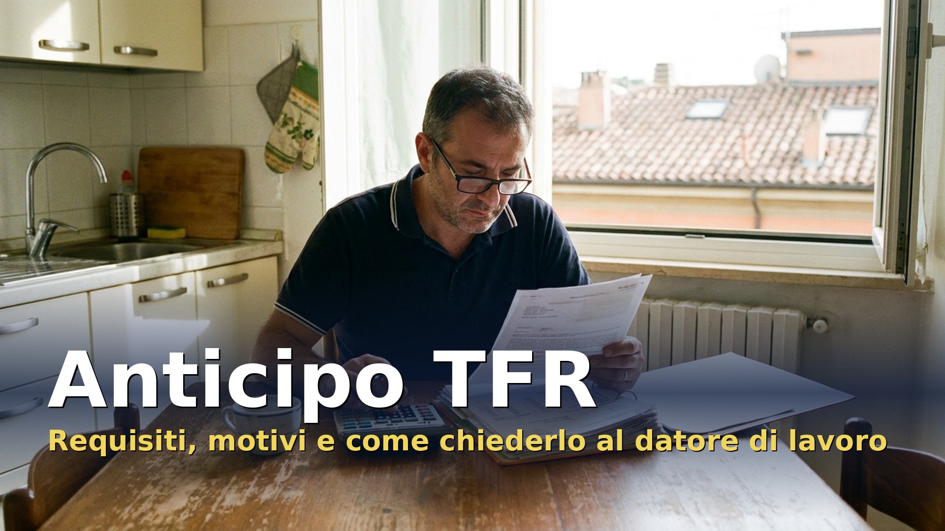 Anticipo TFR: un lavoratore controlla i conti in cucina prima di chiedere l'anticipo della liquidazione al datore di lavoro