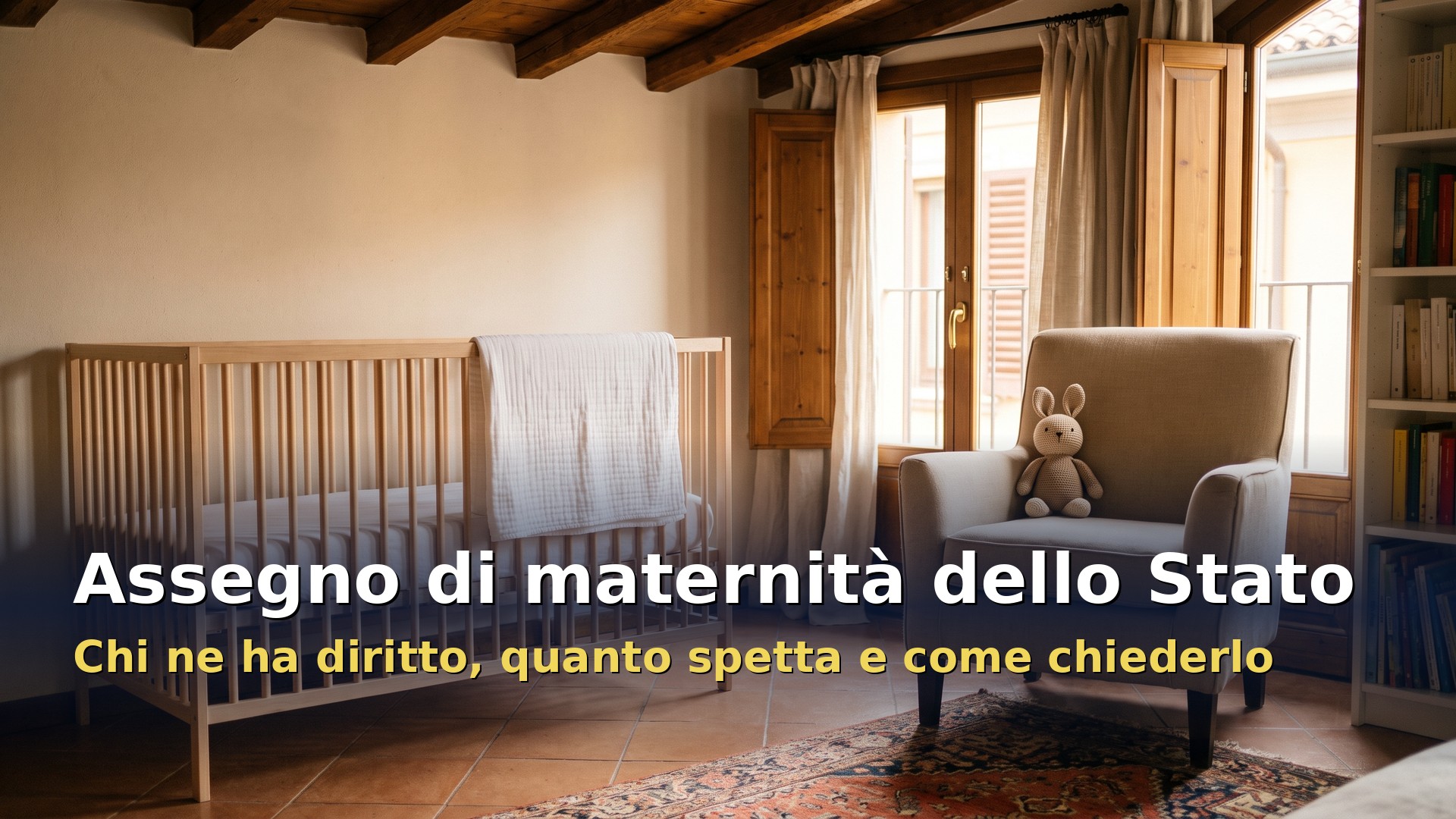 Assegno di maternità dello Stato: cameretta con culla in legno e poltrona accanto alla finestra in una casa italiana