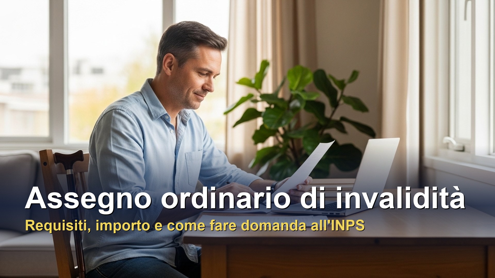 Assegno ordinario di invalidità: uomo seduto alla scrivania di casa mentre compila la domanda online all'INPS