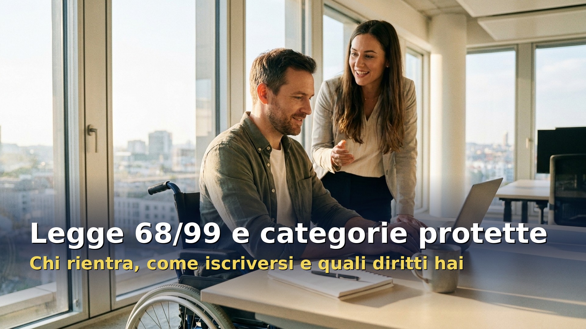 Legge 68/99 e categorie protette: lavoratore con disabilità alla scrivania del suo ufficio
