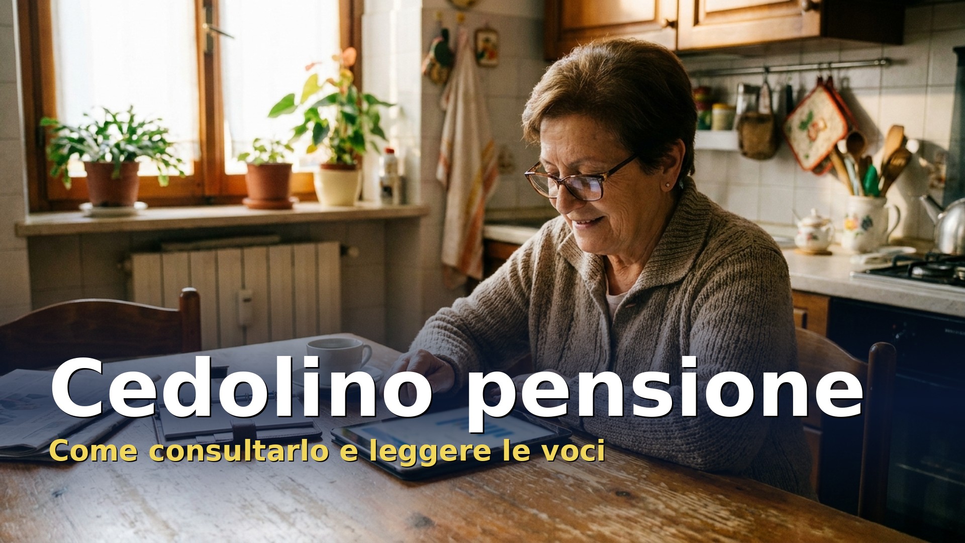 Cedolino pensione: una pensionata controlla sul tablet il riepilogo mensile della pensione al tavolo della cucina