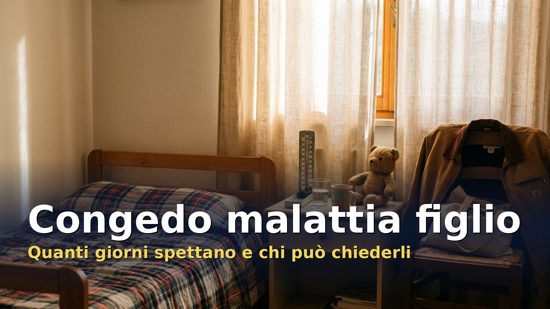 Congedo malattia figlio: cameretta con termometro, peluche e giacca da lavoro sulla sedia
