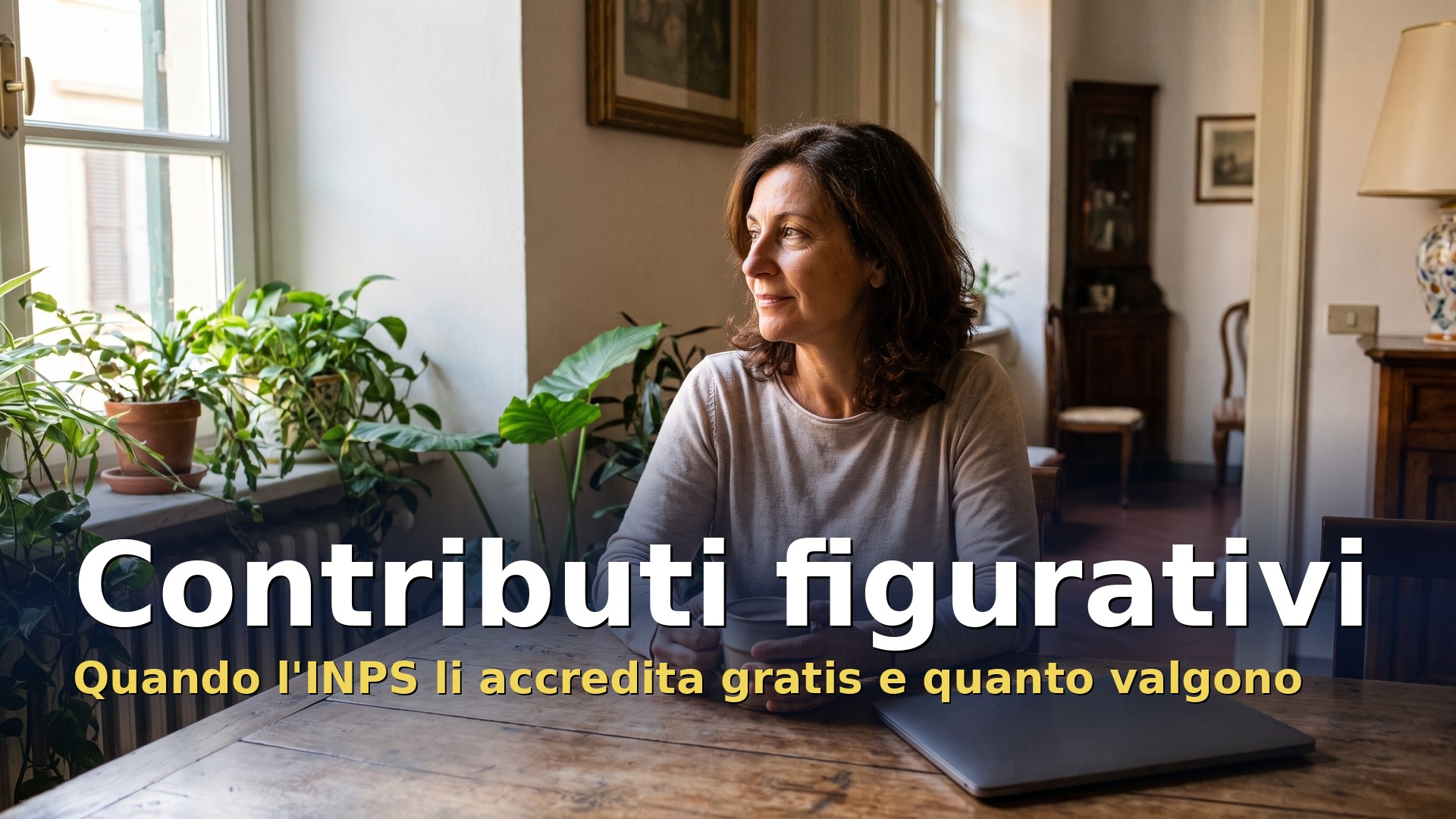 Contributi figurativi: donna di circa 55 anni al tavolo del soggiorno che riflette sulla sua pensione