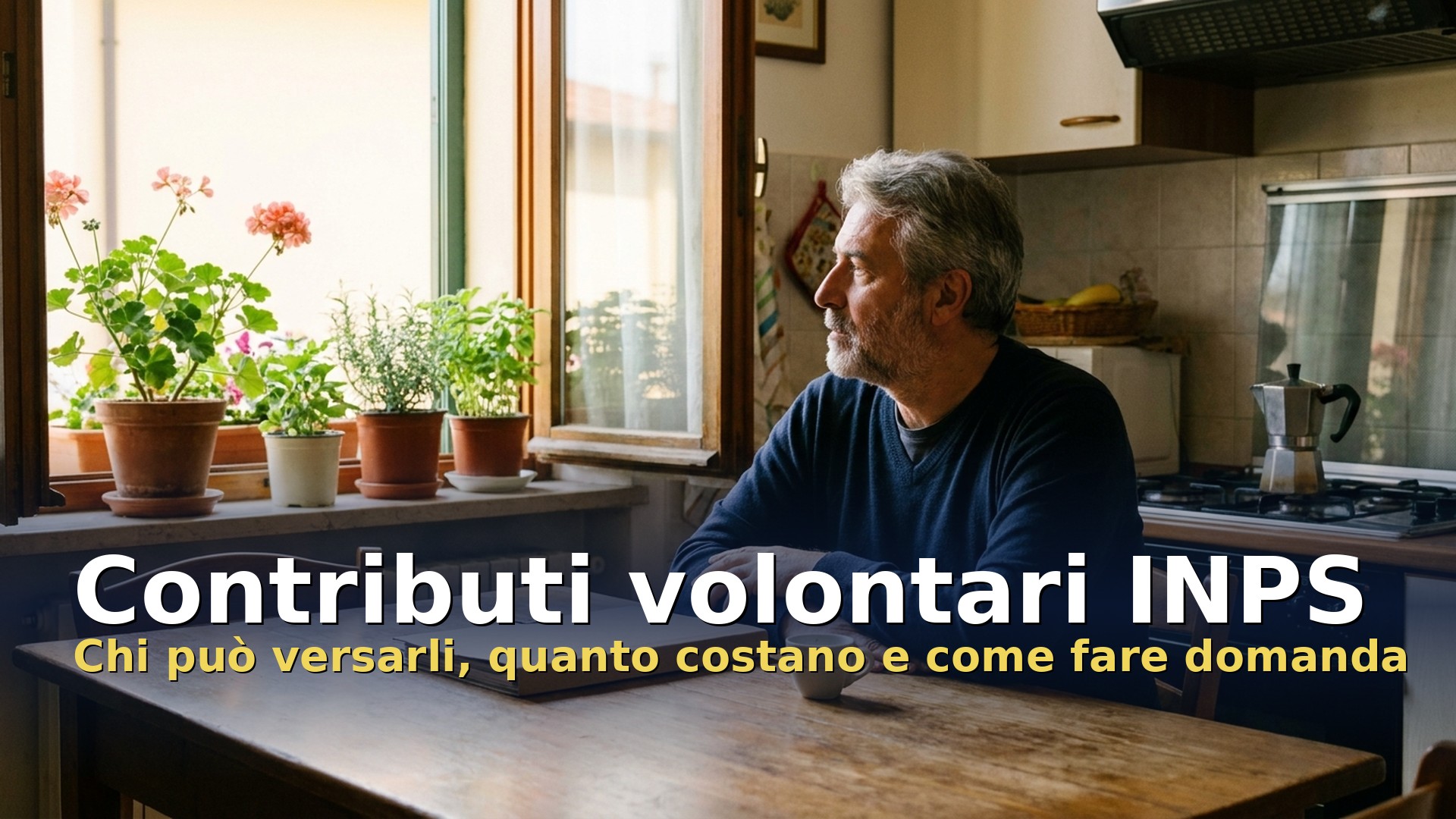 Contributi volontari INPS: uomo di circa sessant'anni al tavolo di cucina che riflette sulla sua pensione dopo aver smesso di lavorare
