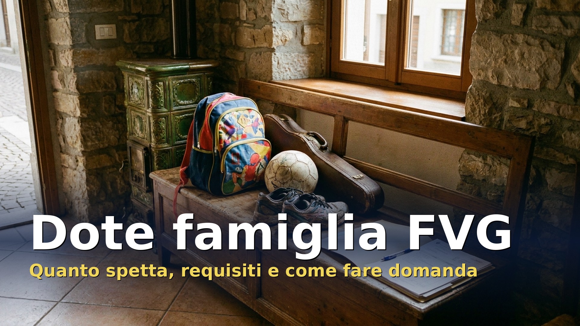 Dote famiglia FVG: zaino, pallone, custodia di violino e ricevute su una panca nell'ingresso di casa