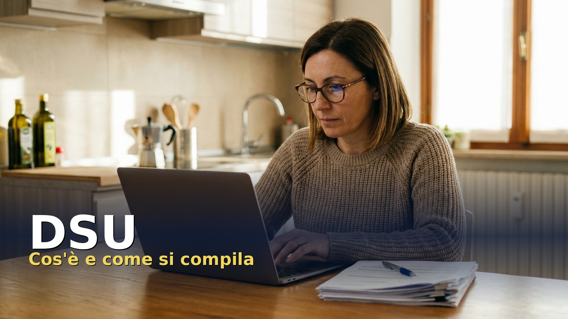 DSU: una donna compila la dichiarazione sostitutiva unica per l'ISEE al tavolo di casa