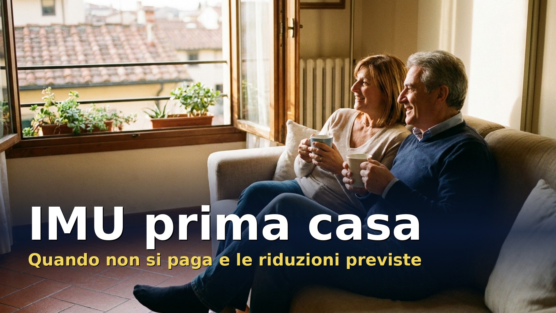 IMU prima casa: coppia di sessantenni sorride sul divano della propria casa, accanto alla finestra aperta sui tetti di una città italiana