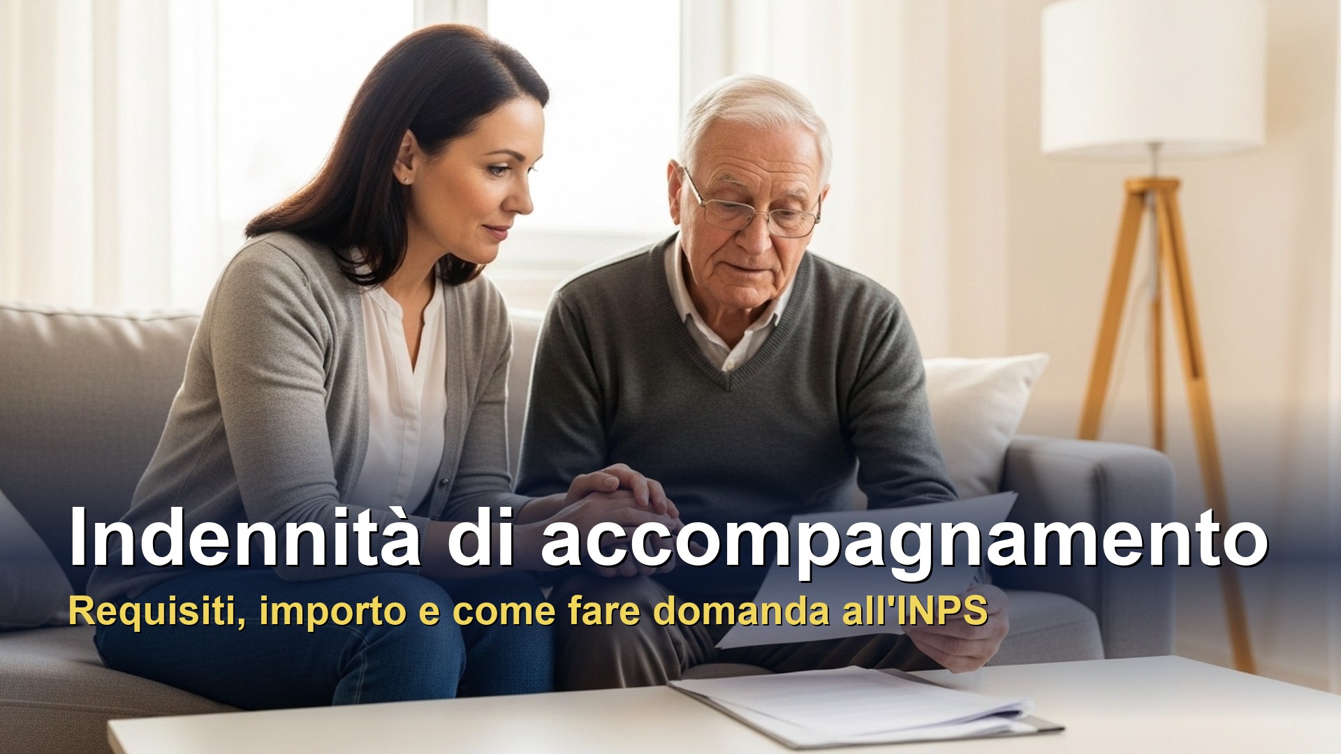Indennità di accompagnamento: una figlia assiste il padre anziano non autosufficiente mentre leggono insieme i documenti INPS