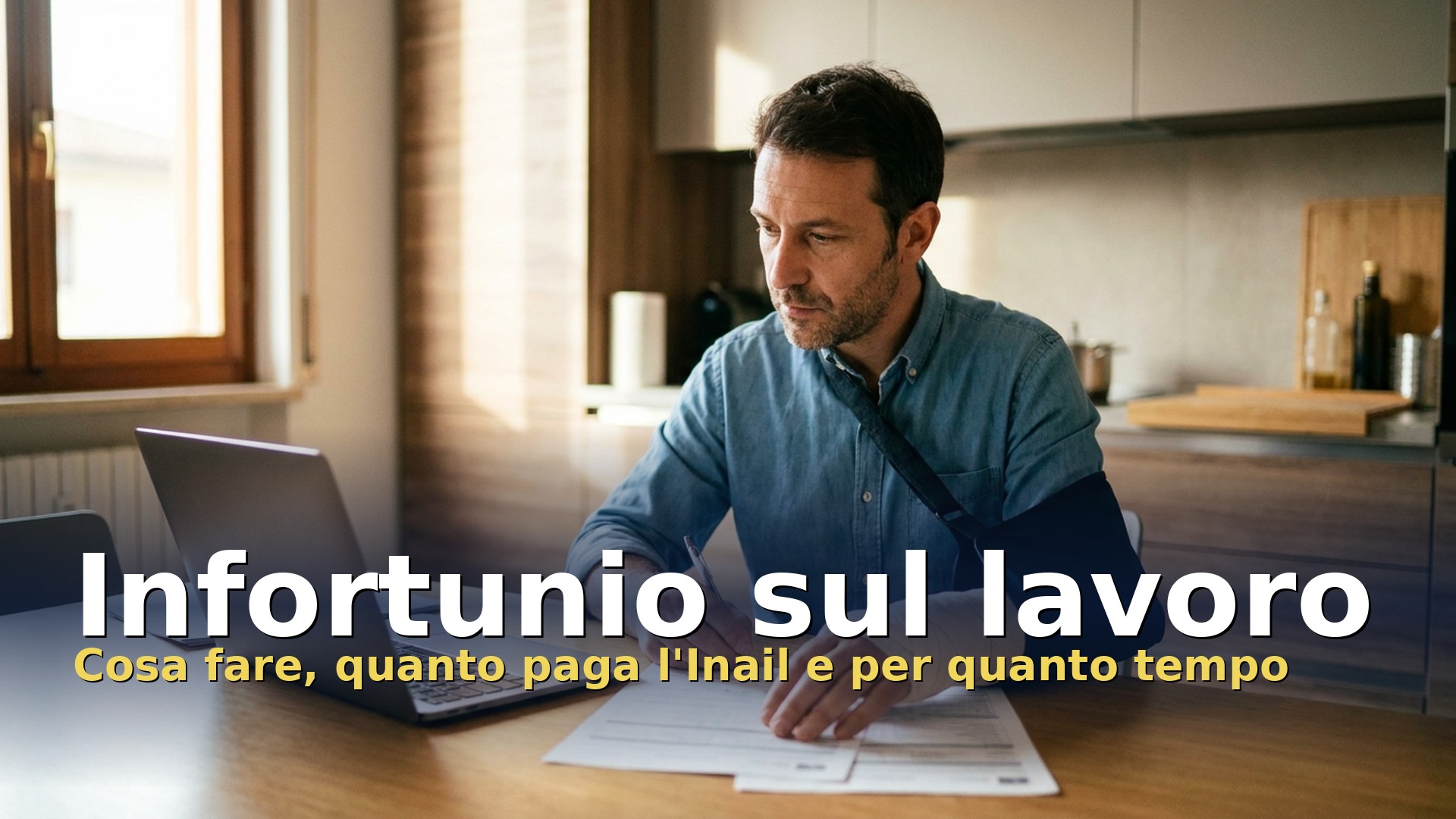 Infortunio sul lavoro: operaio con il braccio fasciato compila la documentazione Inail