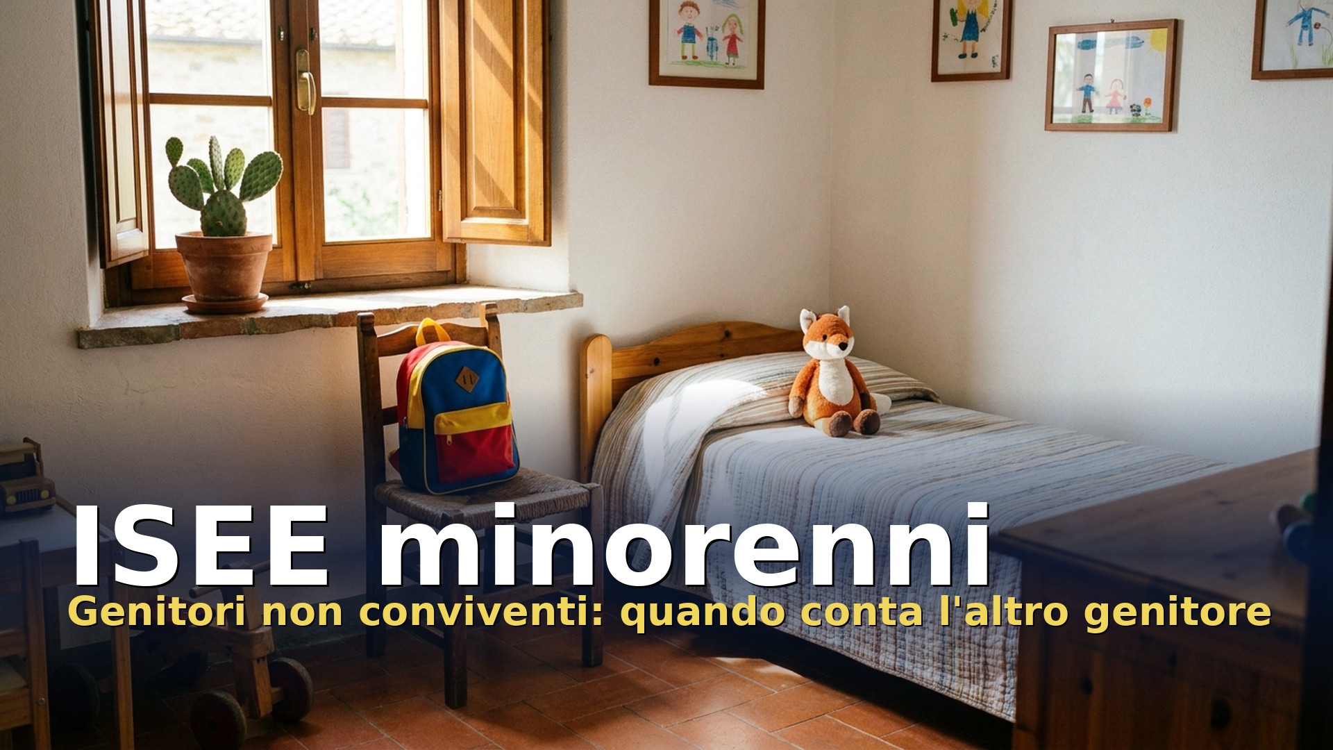 ISEE minorenni: cameretta di un bambino con zaino e peluche, genitori non conviventi