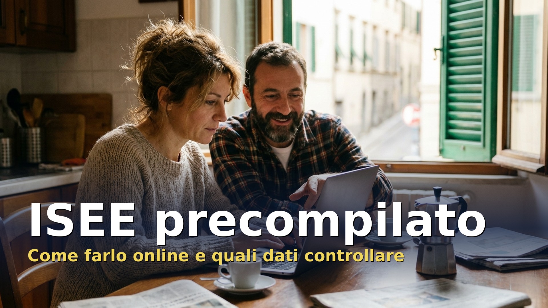 ISEE precompilato: coppia al tavolo della cucina che compila la DSU online sul portatile