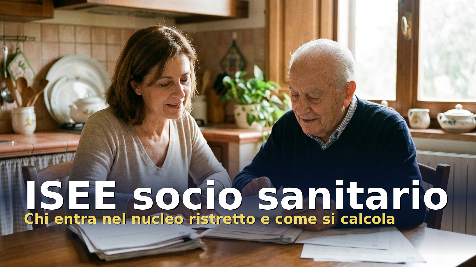 ISEE socio sanitario: figlia e padre anziano controllano insieme i documenti per la domanda