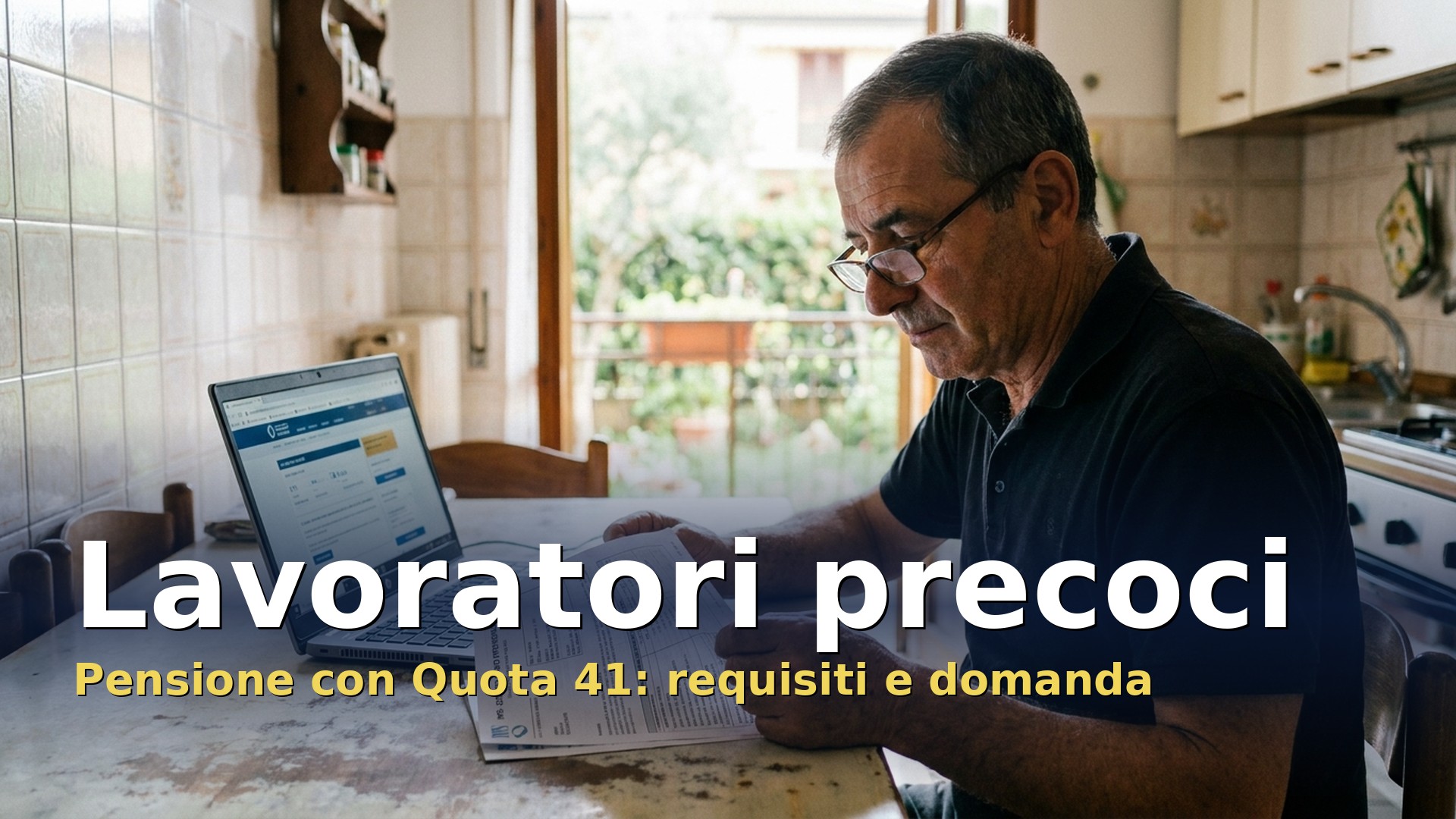 Lavoratori precoci e pensione con Quota 41: uomo di 60 anni in cucina che controlla i documenti previdenziali