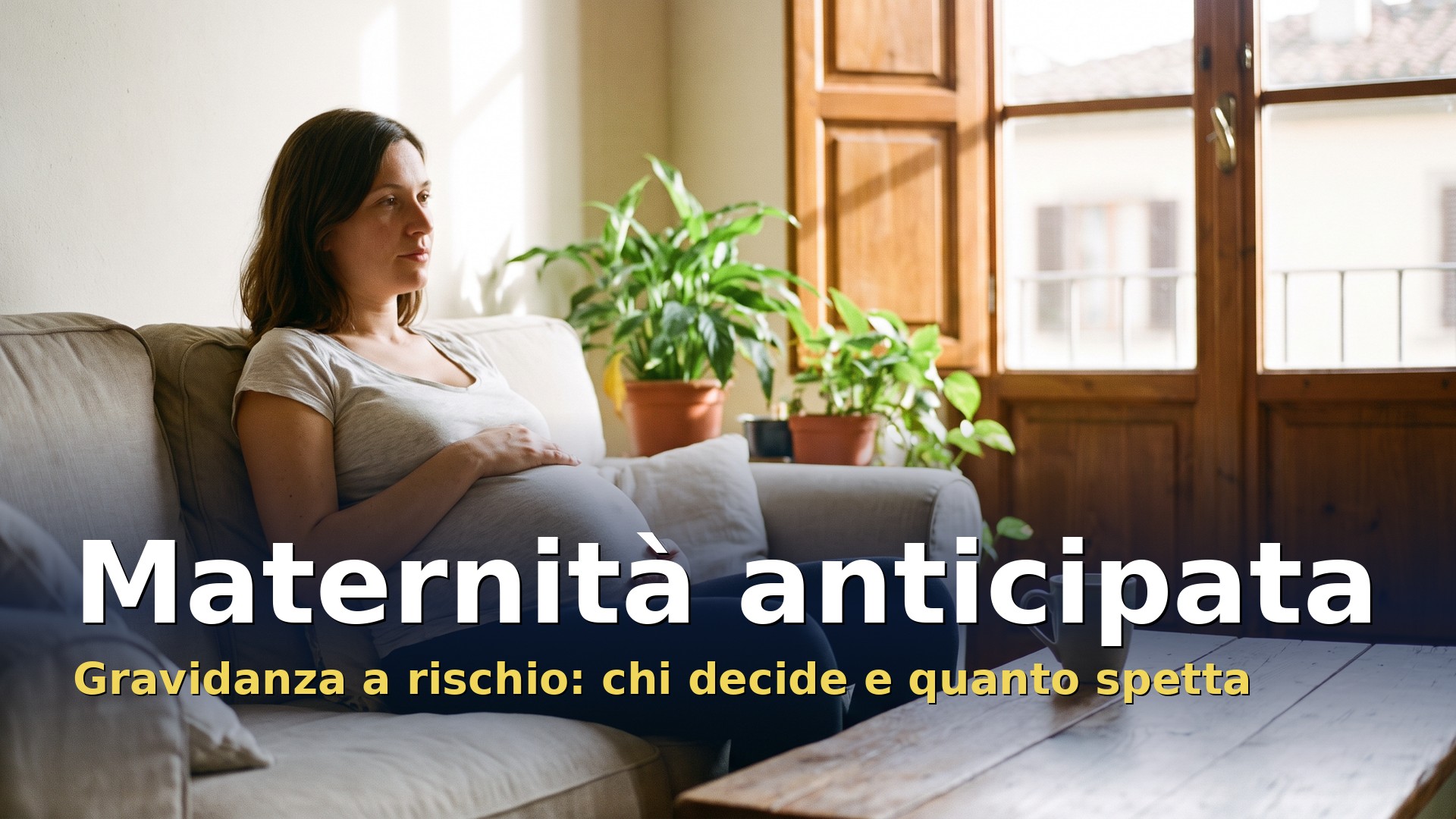 Maternità anticipata: donna incinta che riposa sul divano di casa con una mano sul pancione
