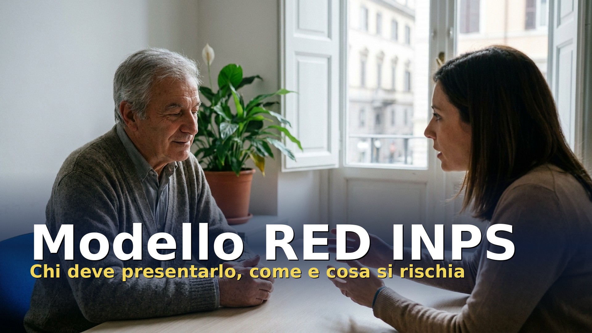 Modello RED INPS: pensionato di circa settant'anni ascolta una consulente che gli spiega la dichiarazione dei redditi per l'INPS