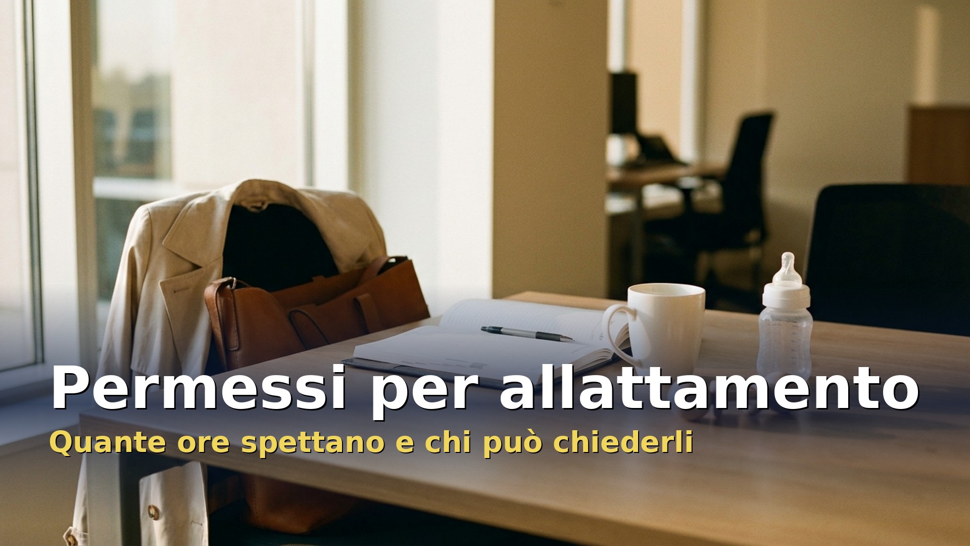 Permessi per allattamento: scrivania d'ufficio con biberon e cappotto, pronta per il rientro a casa