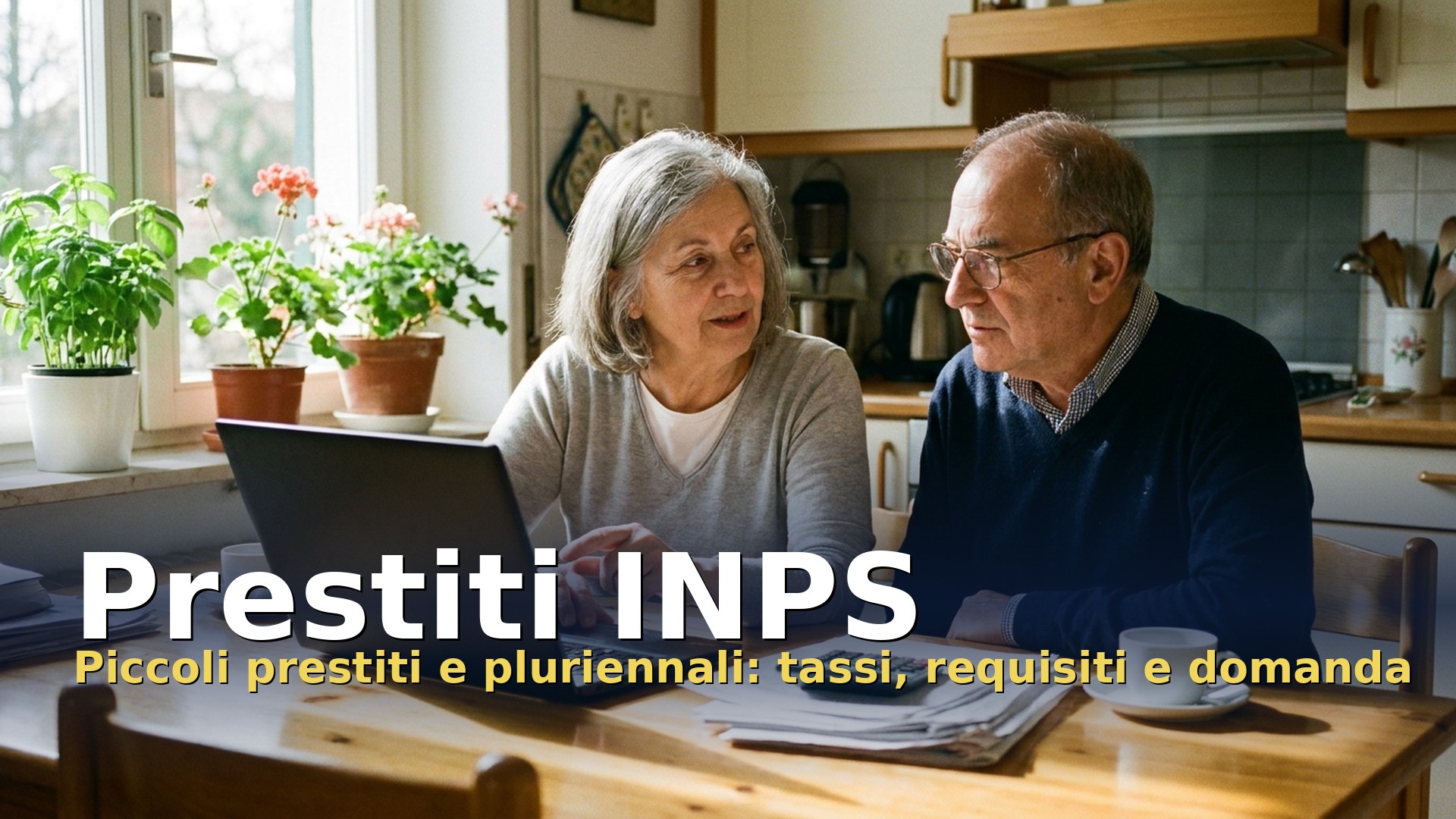 Prestiti INPS: una coppia di pensionati valuta al tavolo della cucina un piccolo prestito o un prestito pluriennale