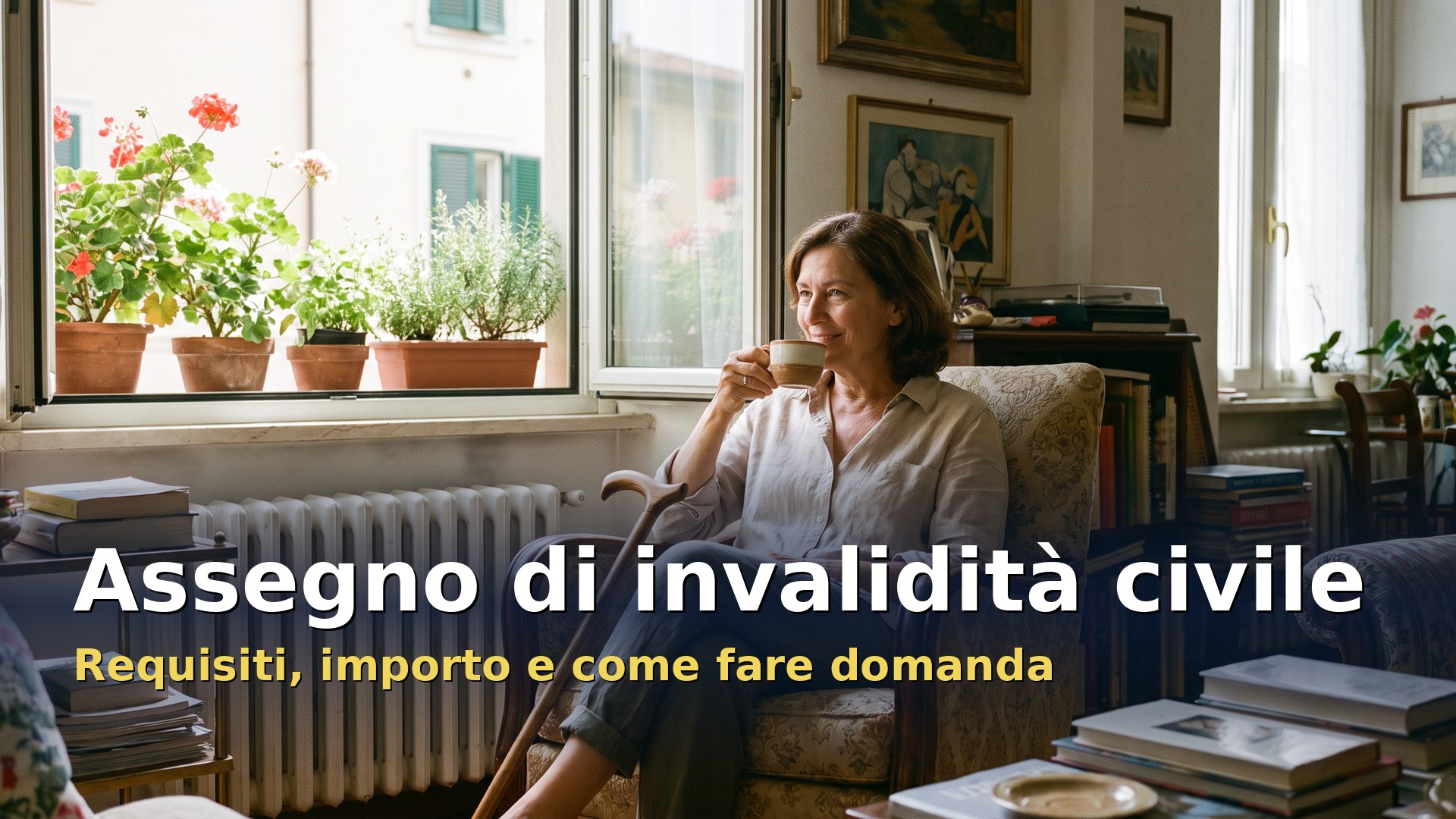 Assegno di invalidità civile: donna con bastone che beve un caffè nel soggiorno di casa