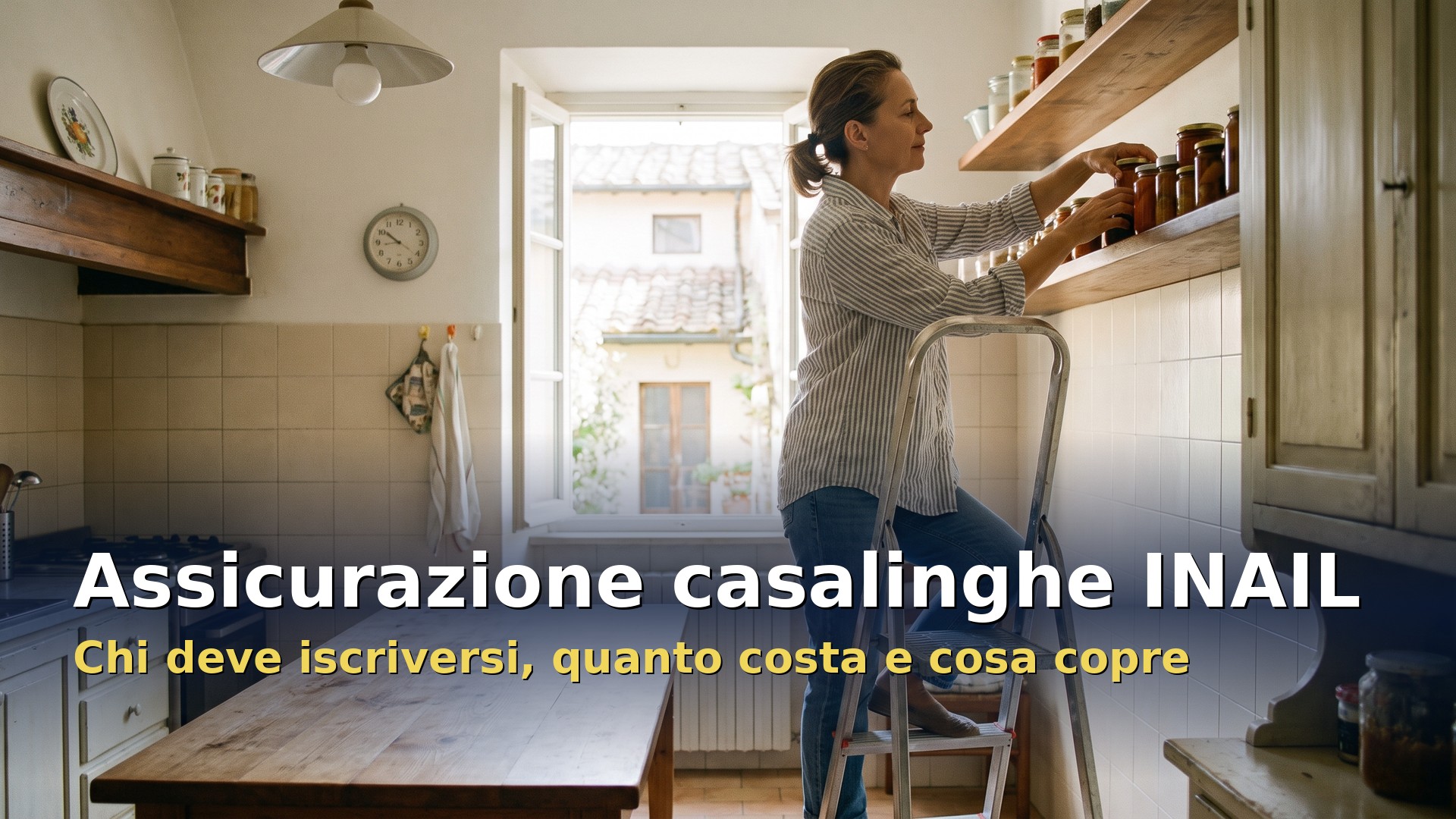 Assicurazione casalinghe INAIL: persona che sistema la dispensa in cucina su una scaletta