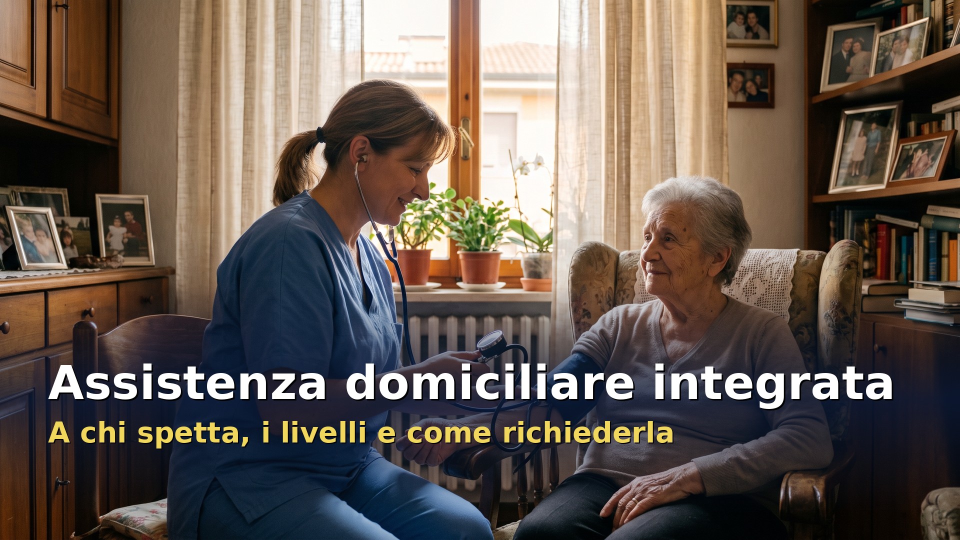Assistenza domiciliare integrata: infermiera che misura la pressione a una signora anziana seduta in poltrona nel soggiorno di casa