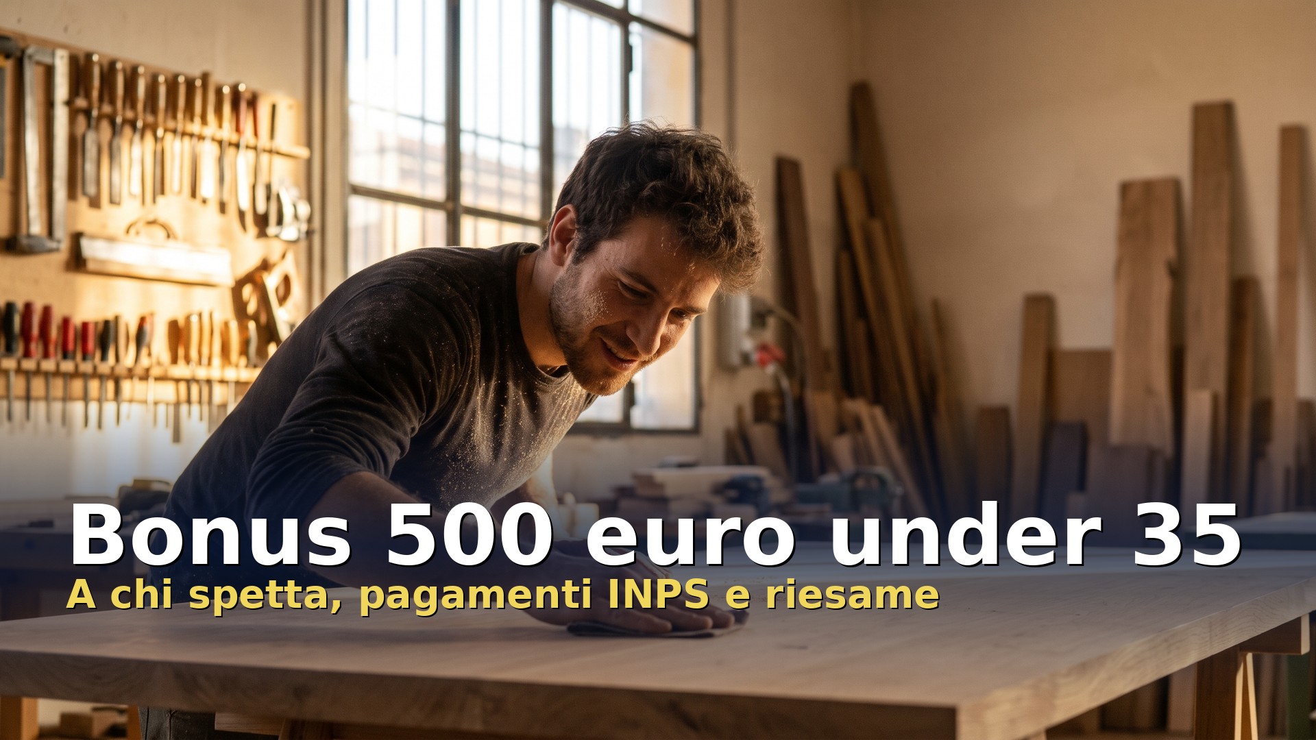 Bonus 500 euro under 35: giovane artigiano nel suo nuovo laboratorio di falegnameria