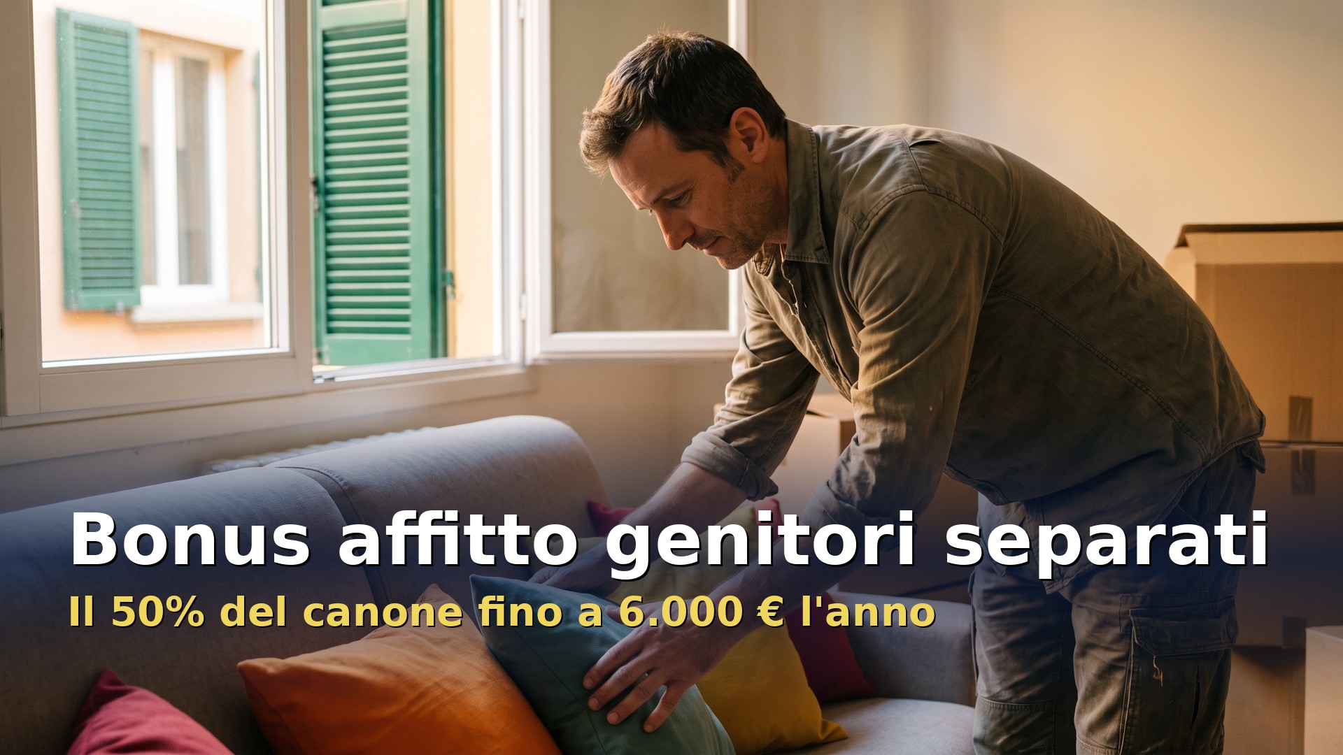 Bonus affitto genitori separati: genitore che sistema il soggiorno della nuova casa in affitto