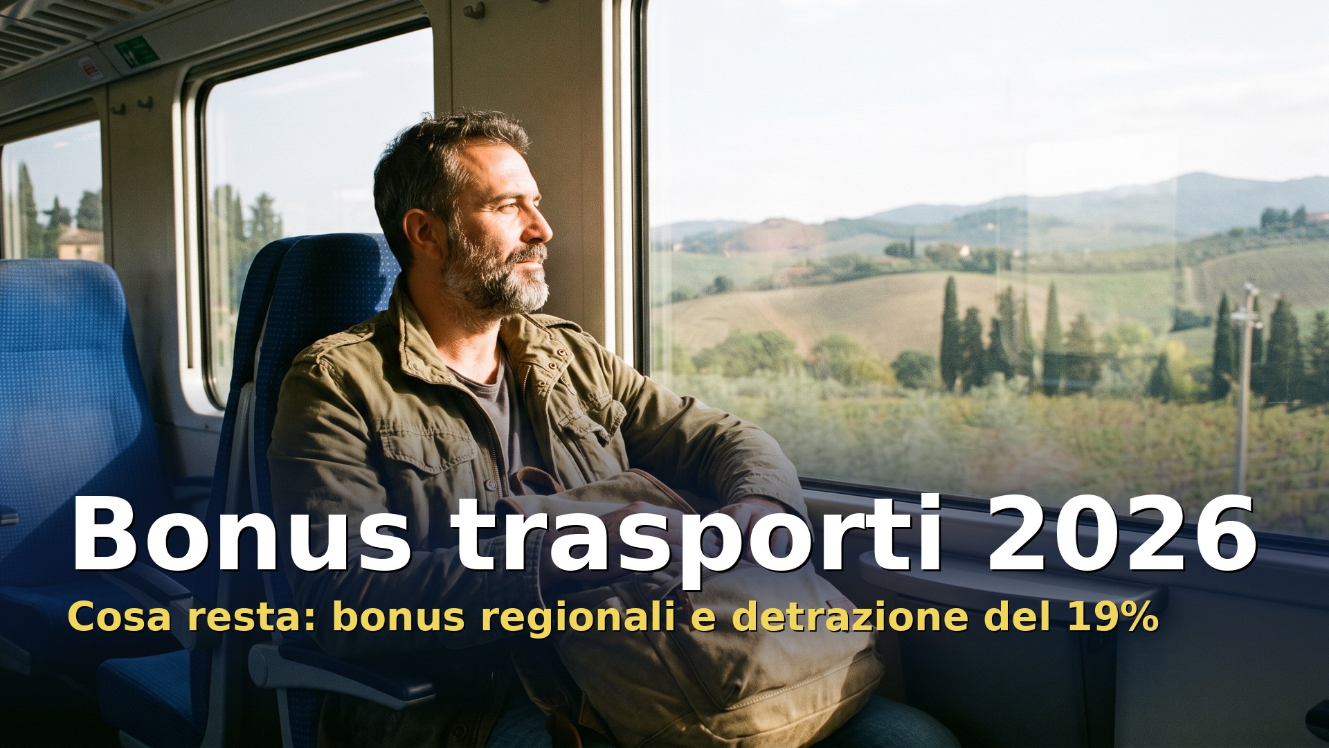 Bonus trasporti 2026: pendolare sul treno regionale guarda la campagna dal finestrino
