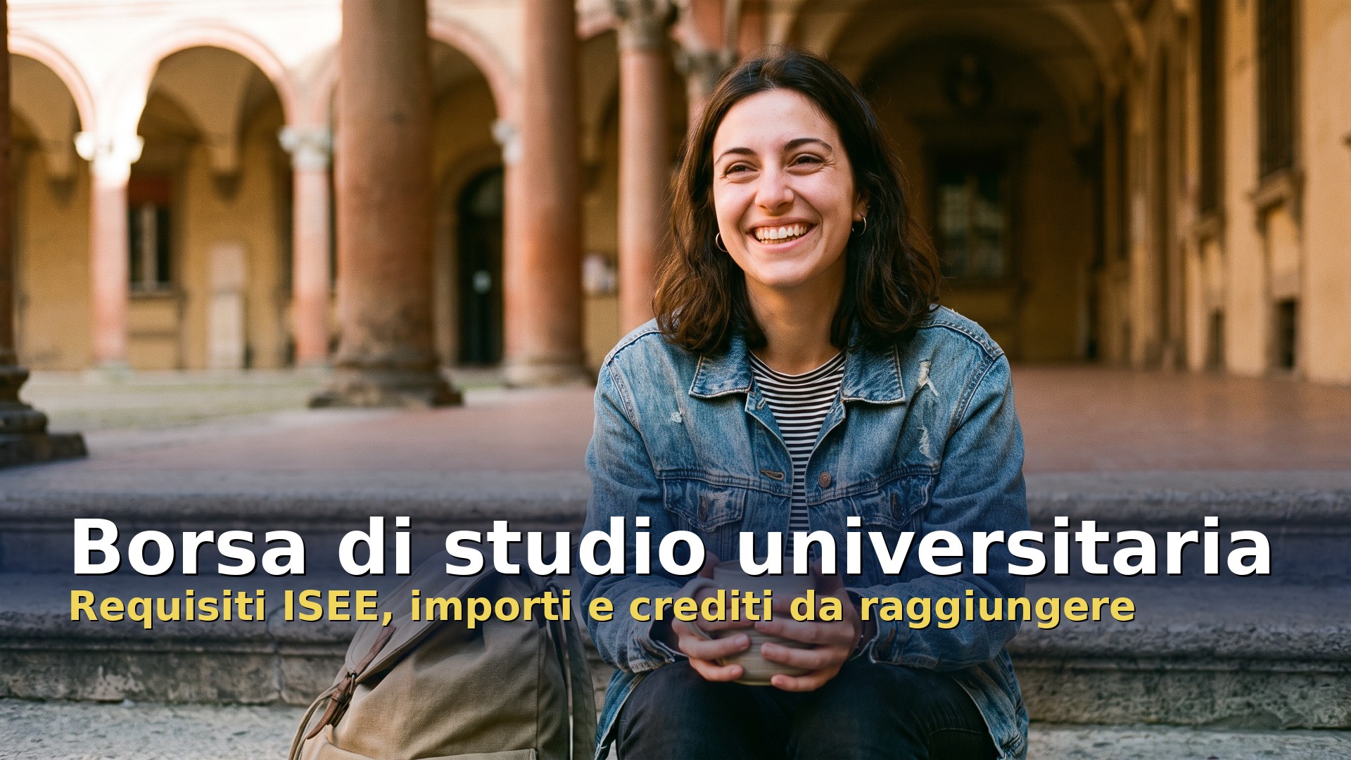Borsa di studio universitaria: studentessa seduta nel cortile porticato di un'università italiana