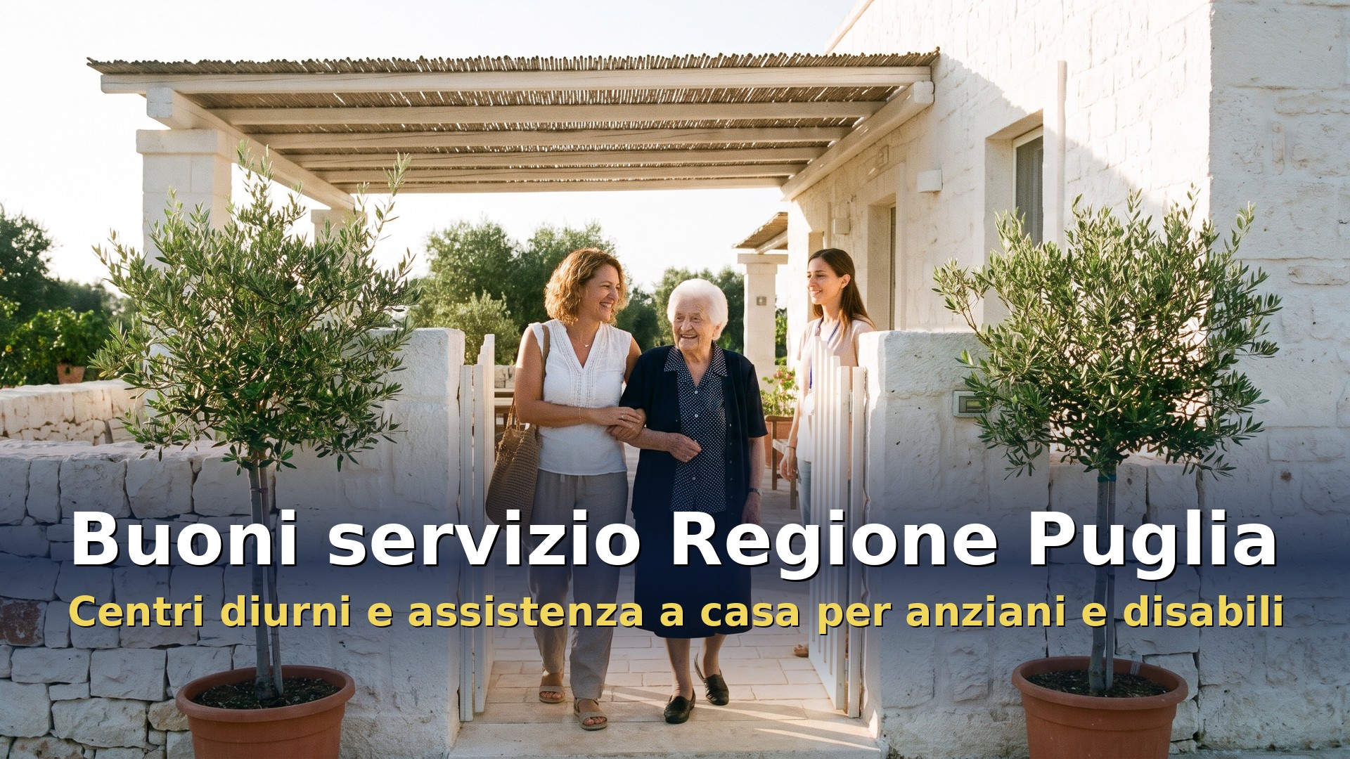 Buoni servizio Regione Puglia: figlia accompagna la madre anziana all'ingresso di un centro diurno