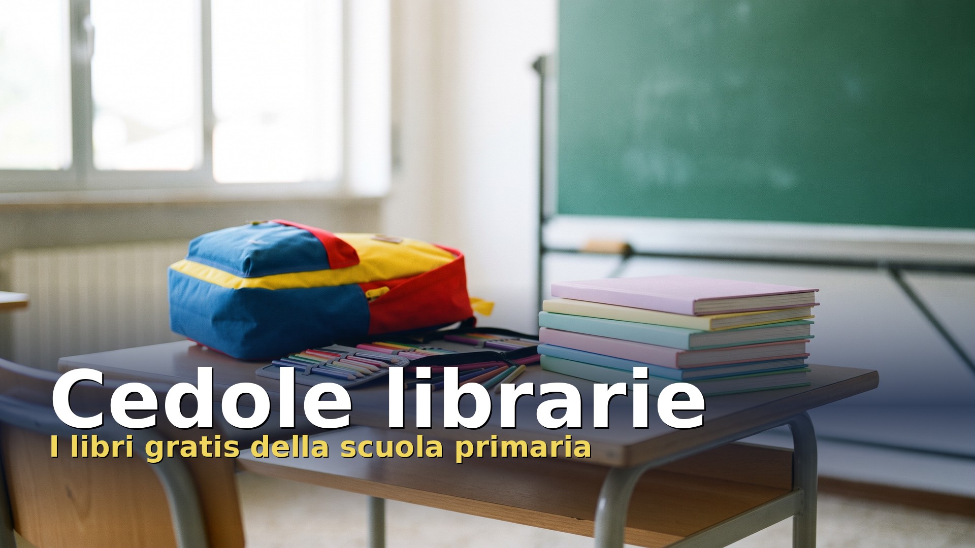 Cedole librarie: banco di scuola primaria con zaino, astuccio e libri di testo nuovi