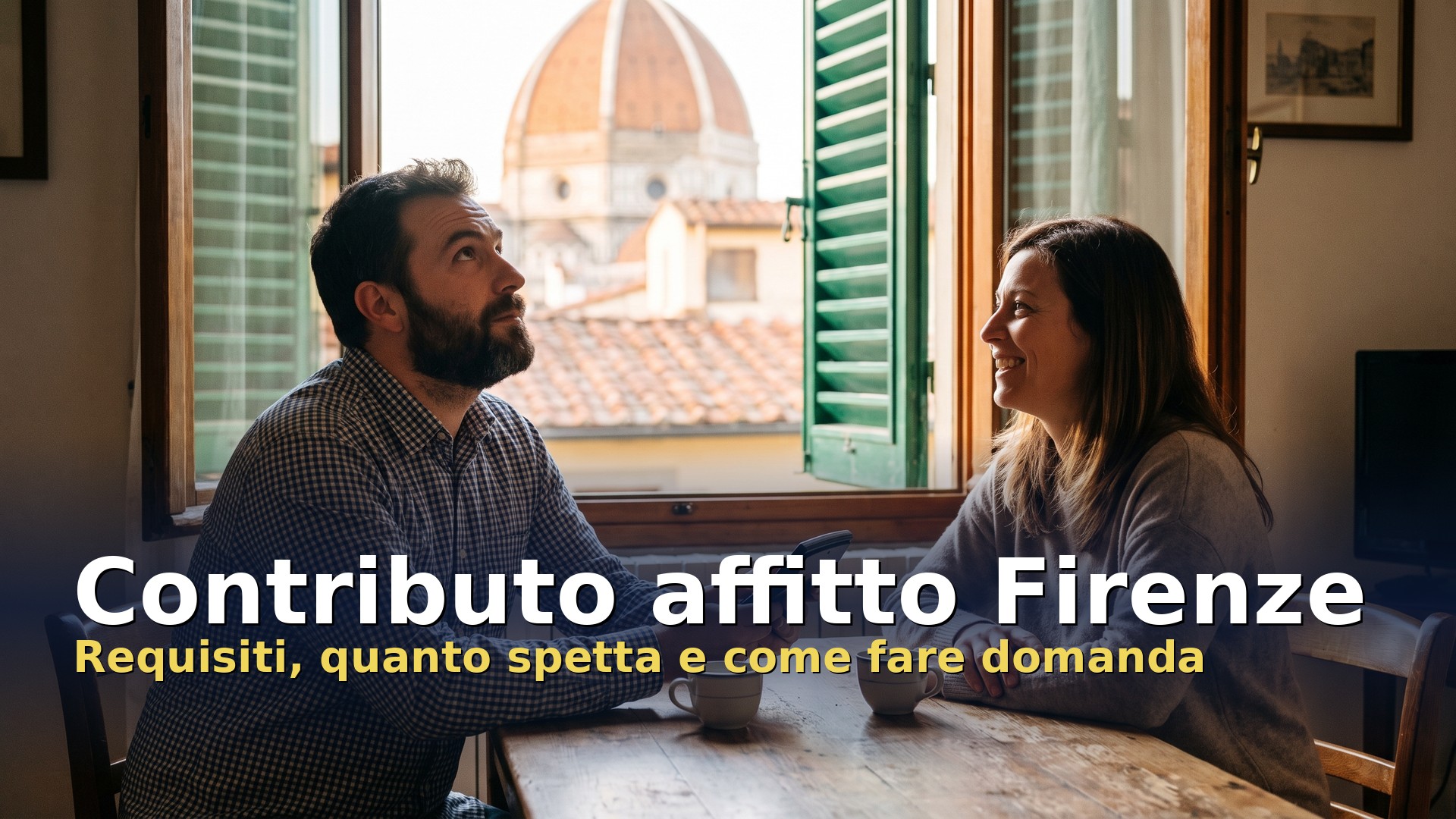 Contributo affitto Firenze: coppia nel soggiorno di casa in affitto con vista sul Duomo
