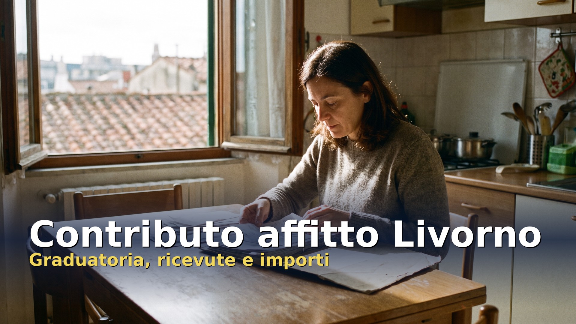 Contributo affitto Livorno: donna che ordina le ricevute dell'affitto al tavolo della cucina