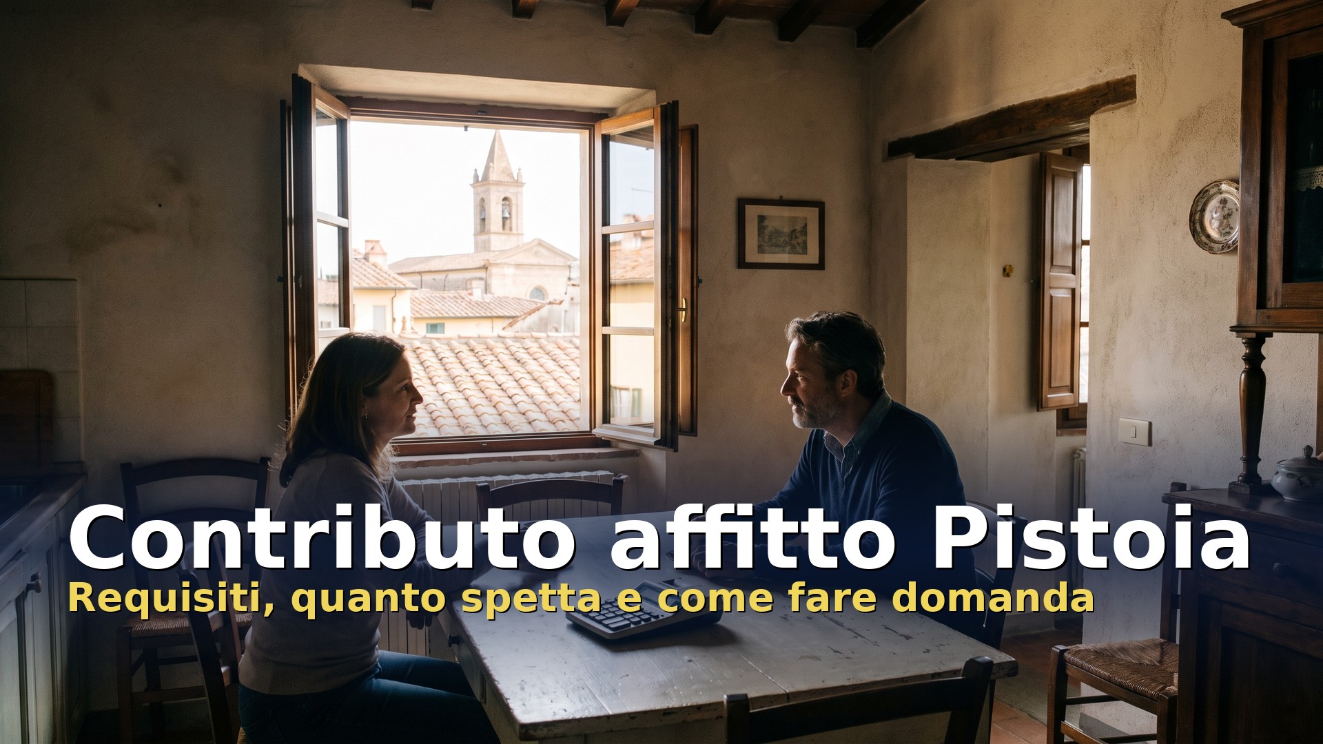 Contributo affitto Pistoia: coppia nella cucina di una casa in affitto con vista sui tetti della città