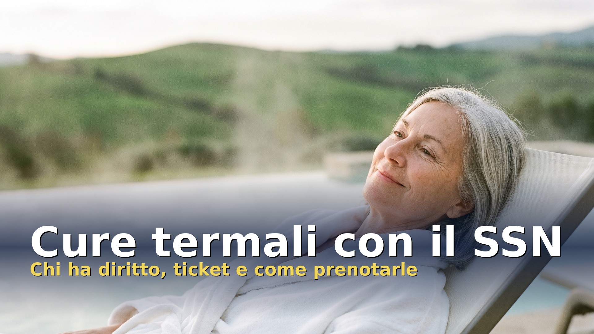 Cure termali con il SSN: donna di circa 65 anni in accappatoio che si rilassa a bordo di una piscina termale