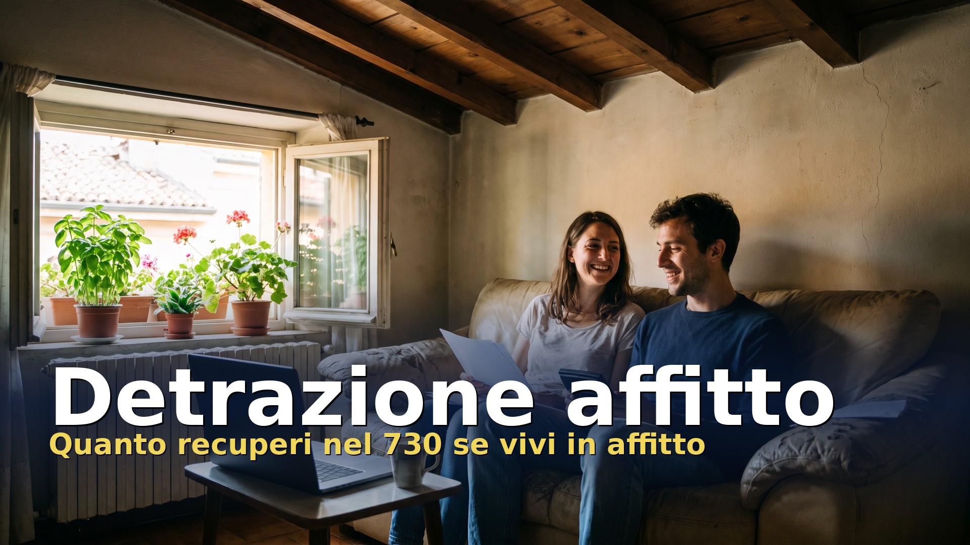 Detrazione affitto: giovane coppia sul divano di un appartamento in affitto che fa i conti per la dichiarazione dei redditi