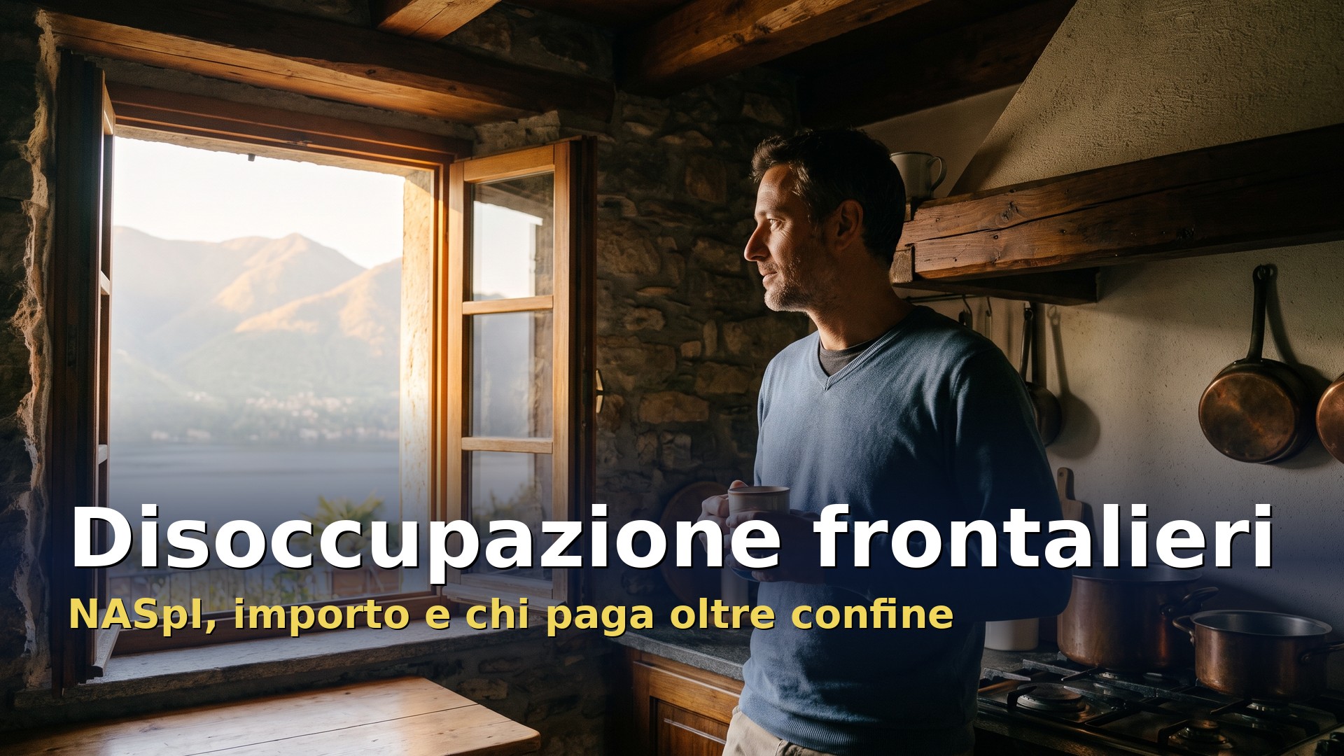 Disoccupazione frontalieri: uomo alla finestra di una cucina di paese con vista sul lago e sulle montagne di confine