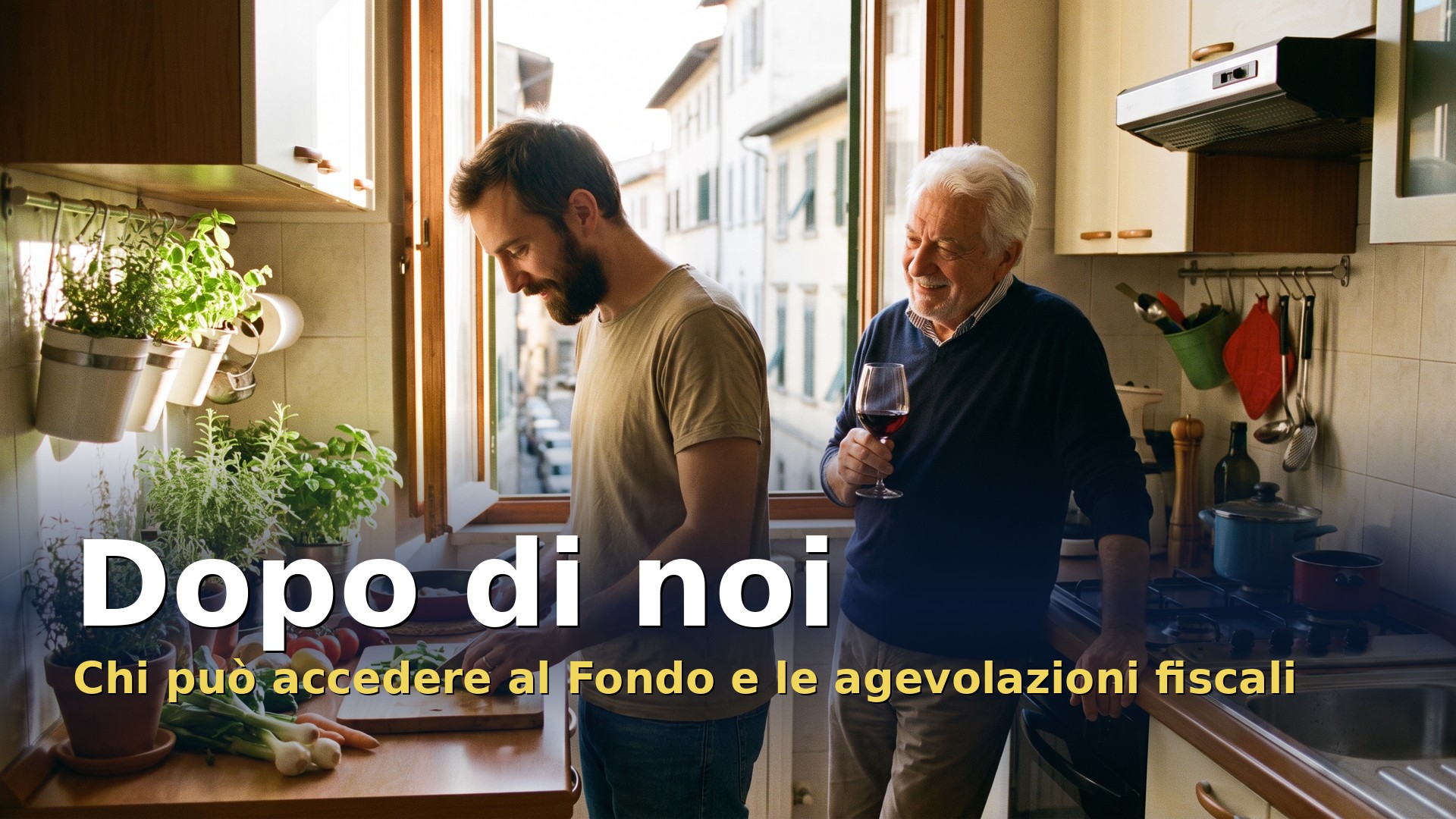 Dopo di noi: padre anziano e figlio adulto preparano la cena insieme in un appartamento condiviso
