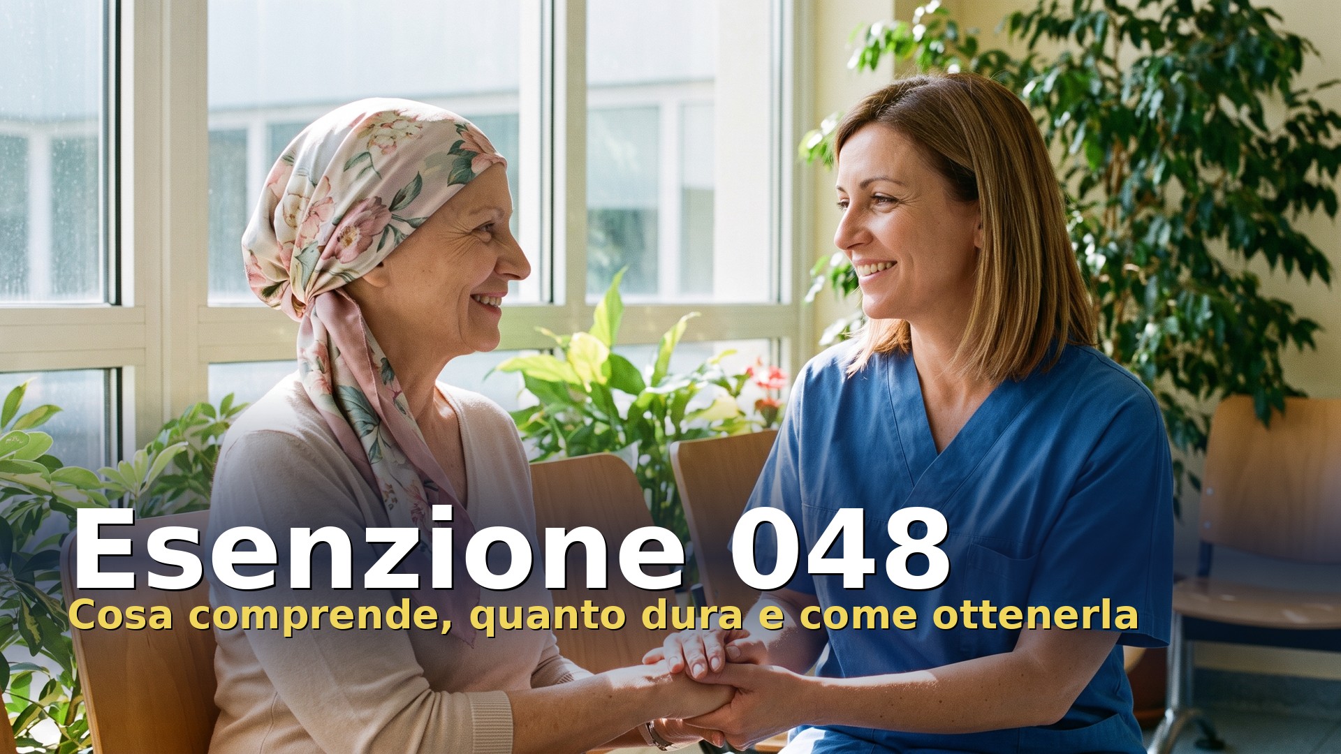 Esenzione 048: paziente oncologica parla con un'infermiera nella sala d'attesa di un ambulatorio