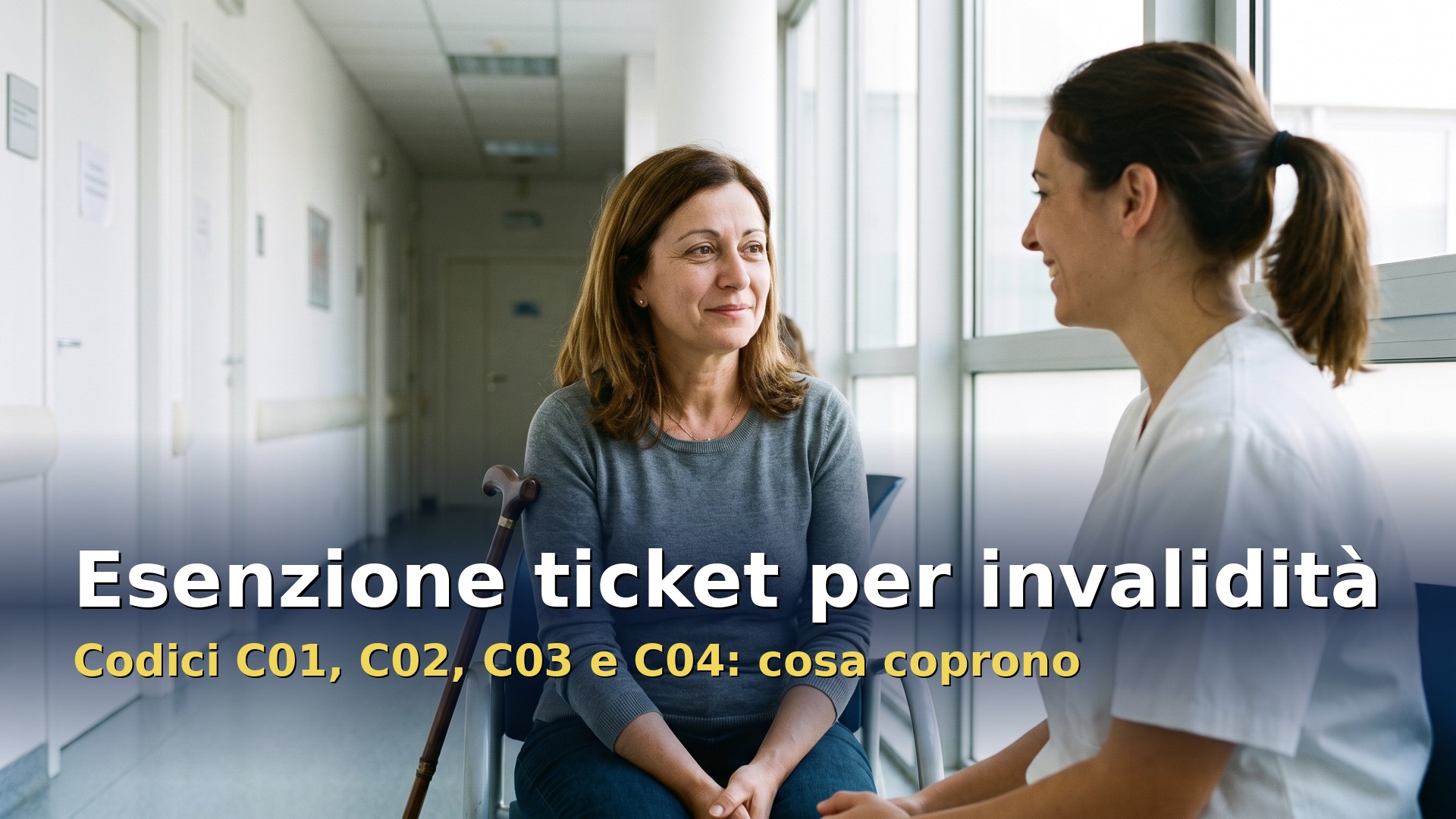 Esenzione ticket per invalidità: paziente con bastone parla con un'infermiera nella sala d'attesa di un ambulatorio