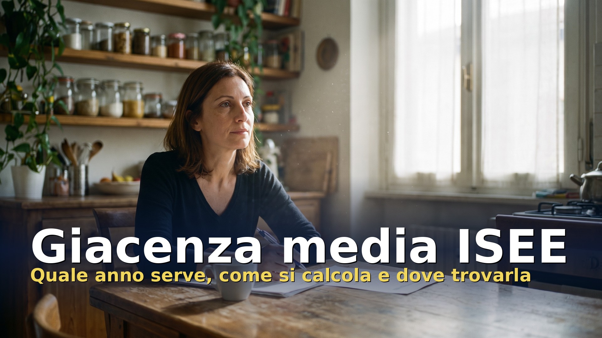 Giacenza media ISEE: donna al tavolo della cucina che riflette sui conti di famiglia per la DSU