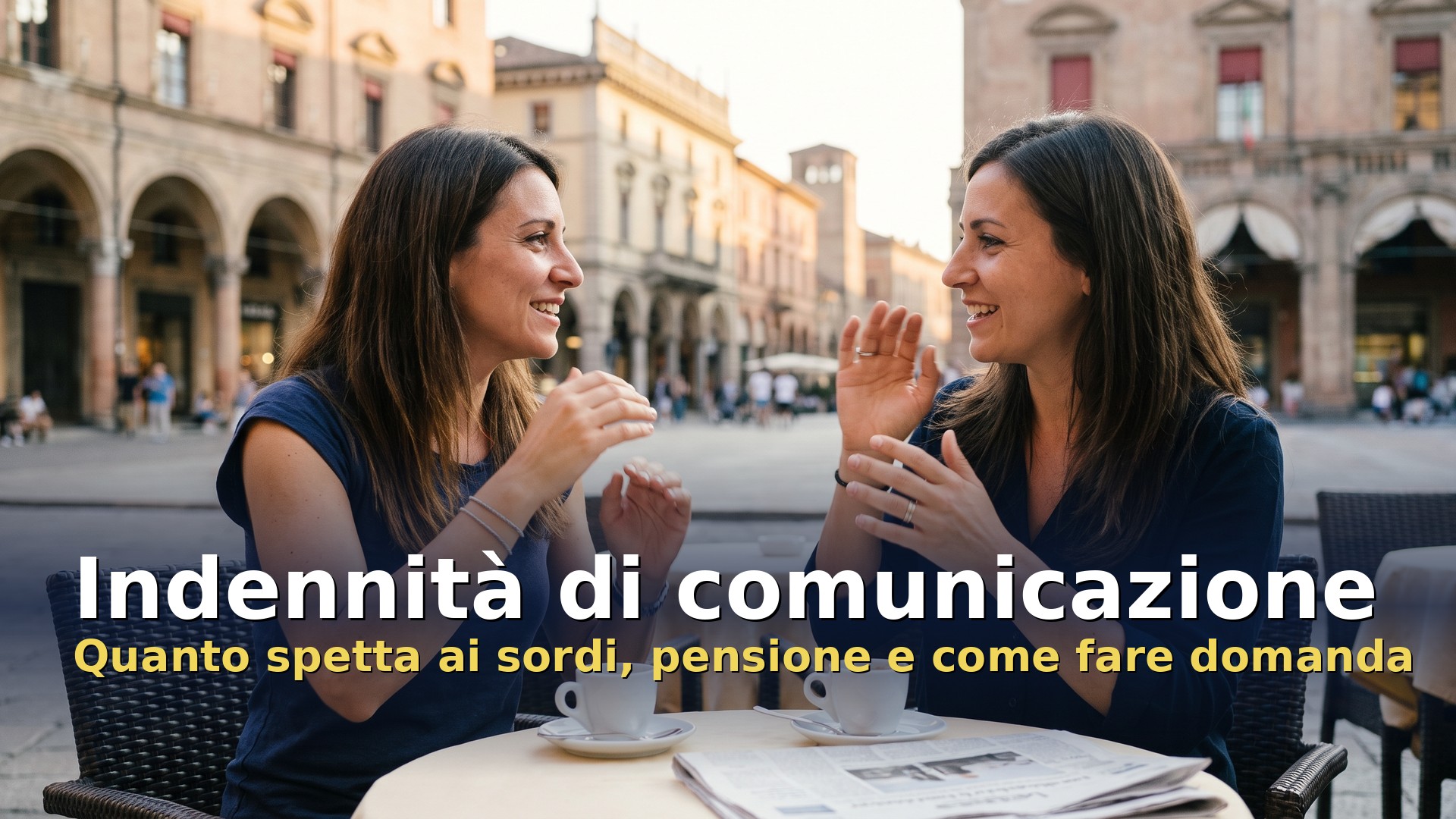 Indennità di comunicazione: due donne sorde conversano nella lingua dei segni al tavolino di un caffè in piazza