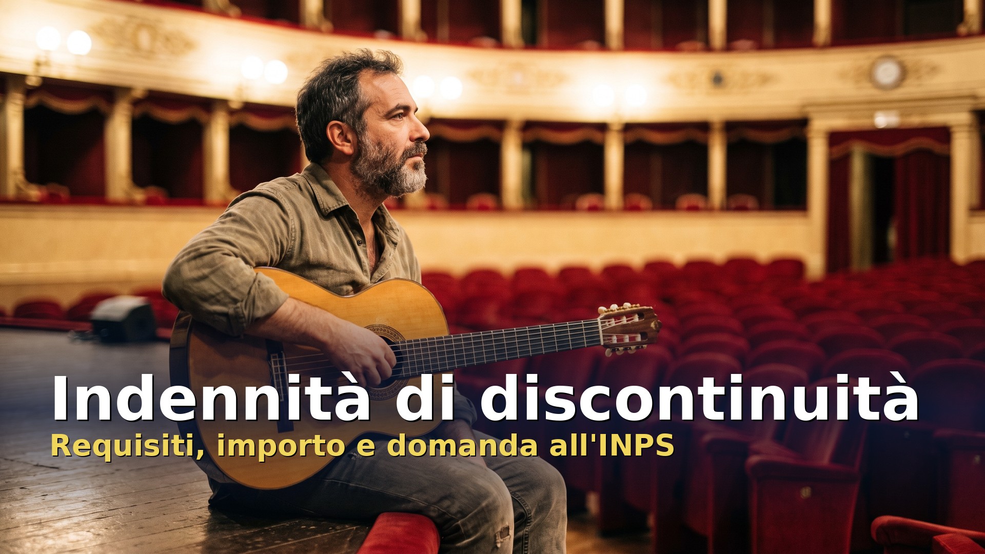 Indennità di discontinuità: musicista con la chitarra seduto sul palco di un teatro vuoto