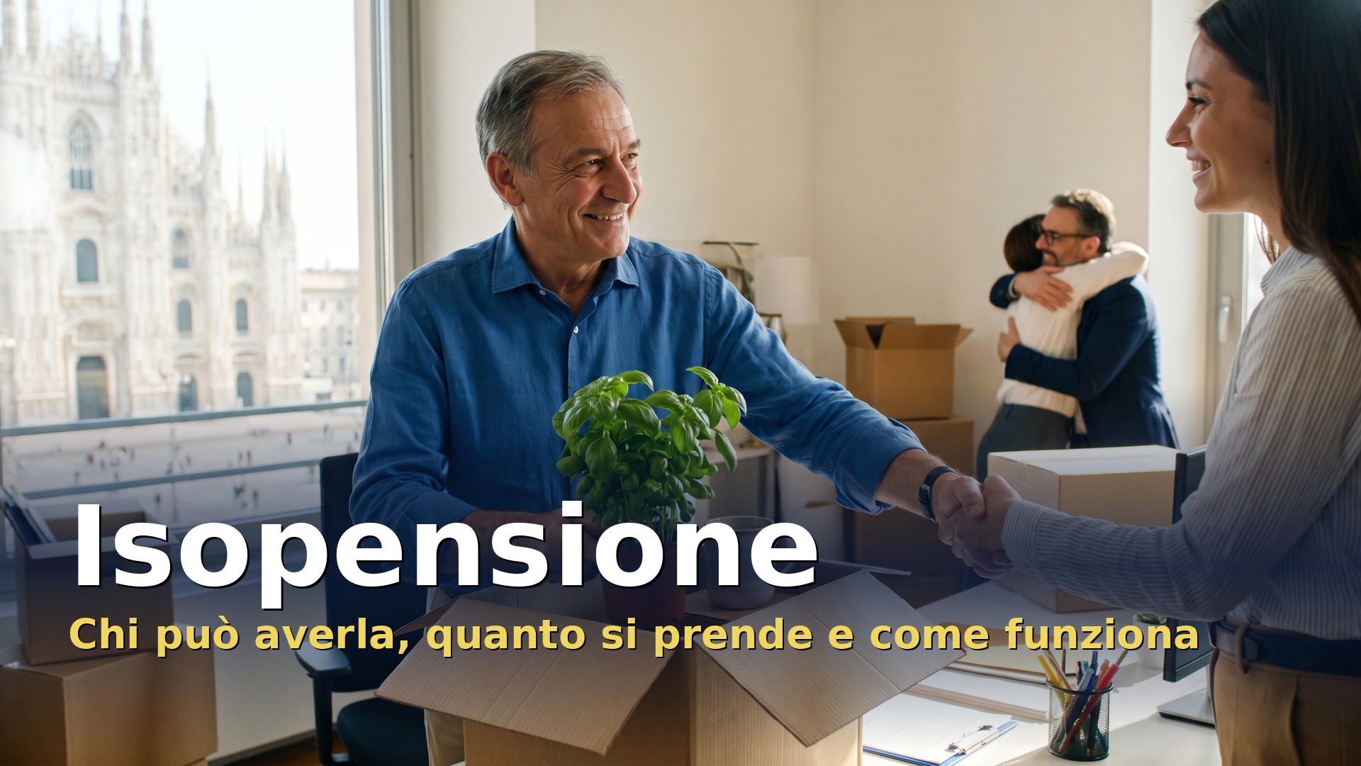 Isopensione: lavoratore di circa 60 anni saluta una collega nell'ultimo giorno in ufficio prima dell'esodo verso la pensione