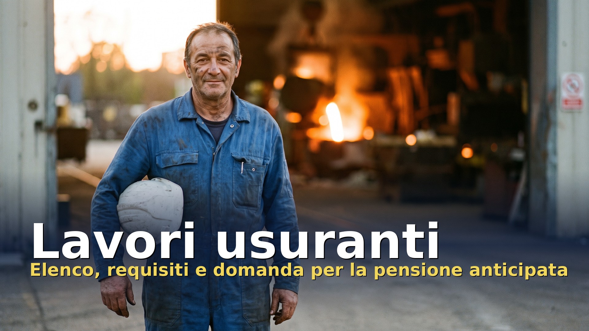 Lavori usuranti e pensione anticipata: operaio di 58 anni con il casco in mano all'uscita di una fonderia a fine turno