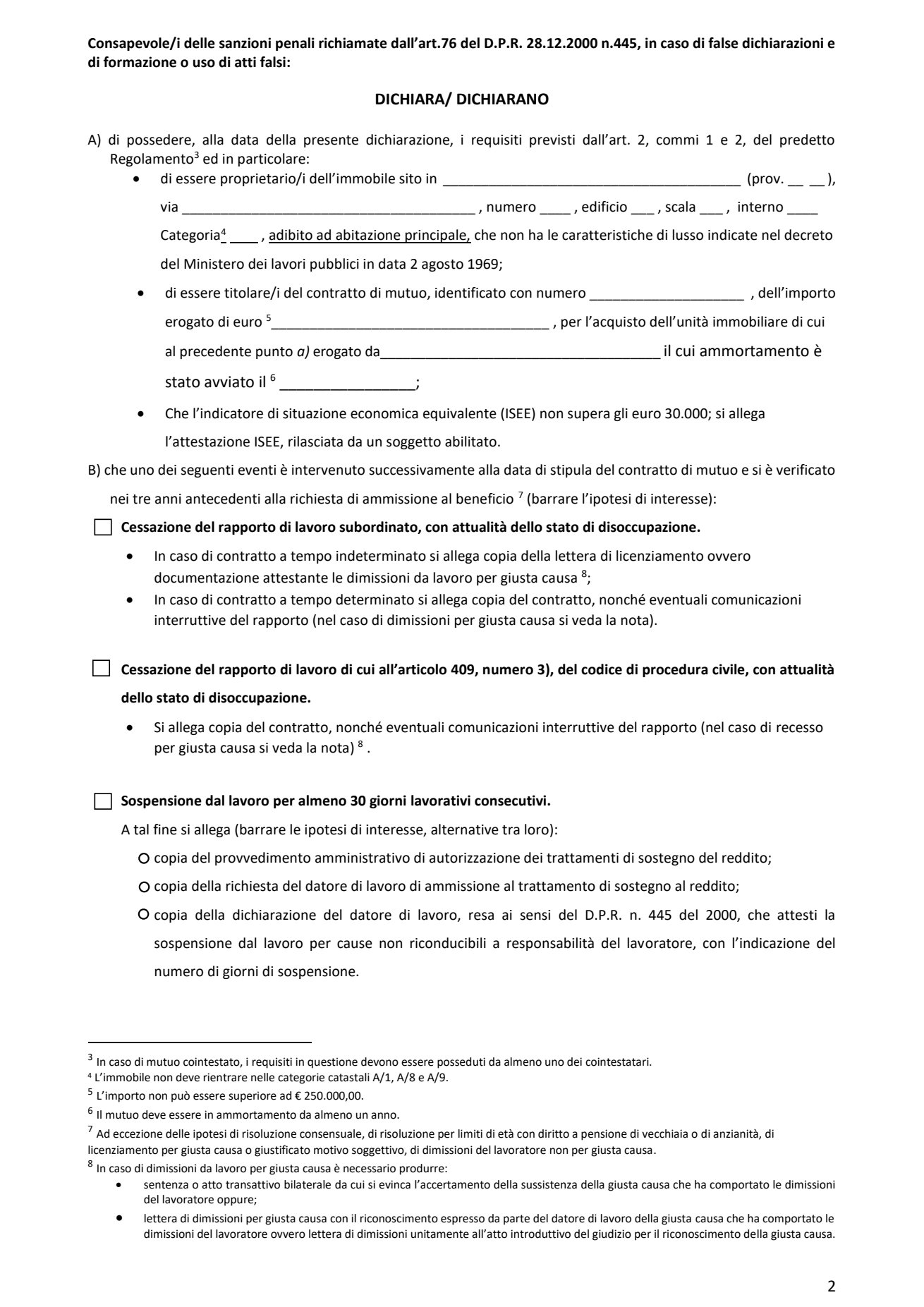 Modulo Fondo Gasparrini per la sospensione del mutuo prima casa: requisiti ISEE, mutuo ed eventi da dichiarare