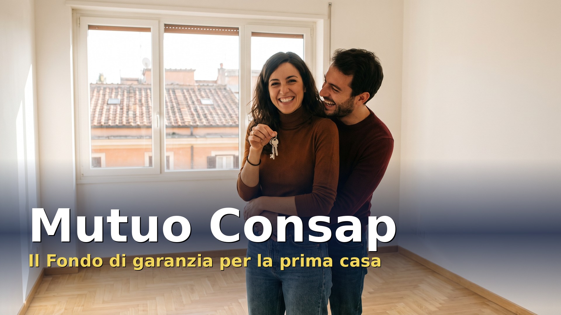 Mutuo Consap: giovane coppia con le chiavi in mano nel soggiorno vuoto della prima casa appena acquistata