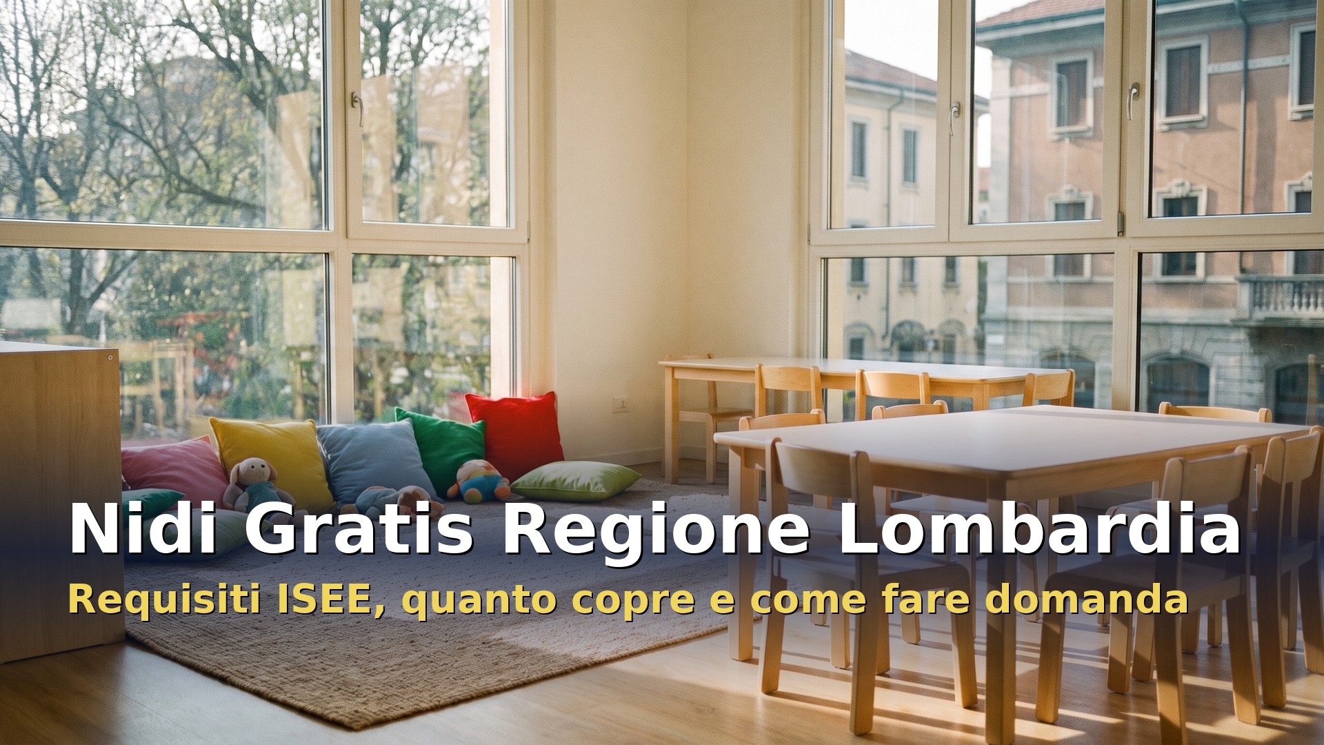 Nidi gratis Regione Lombardia: aula di un asilo nido vuota e luminosa con tavoli e seggioline