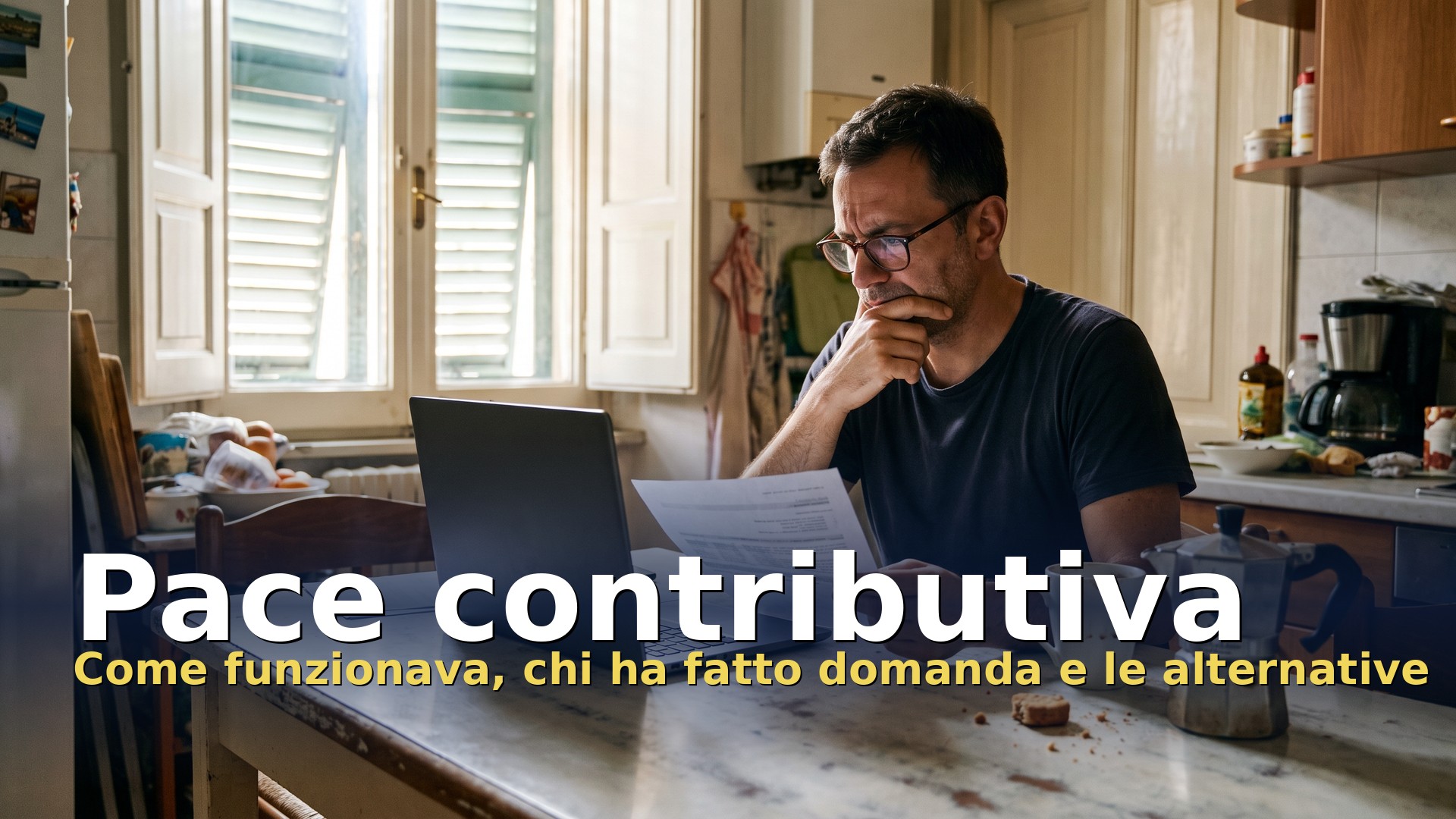 Pace contributiva: uomo controlla in cucina i buchi nei contributi tra fogli e portatile