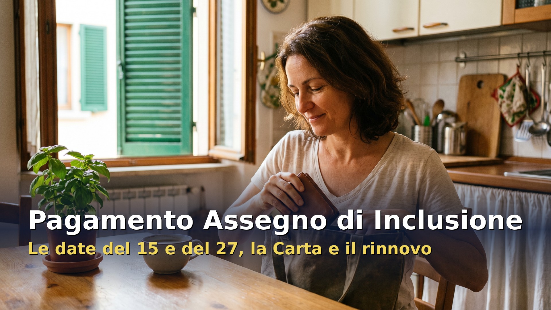 Pagamento Assegno di Inclusione: donna in cucina ripone il portafoglio dopo la ricarica della Carta di Inclusione