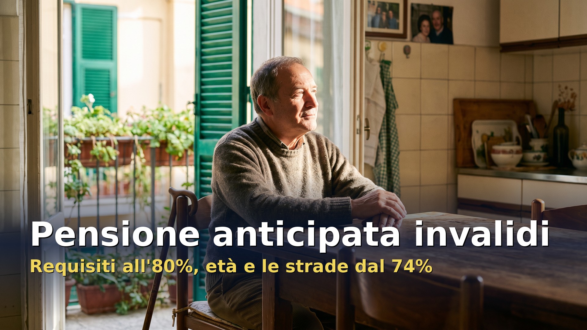 Pensione anticipata invalidi: uomo di 60 anni con bastone seduto in cucina che guarda fuori dalla finestra